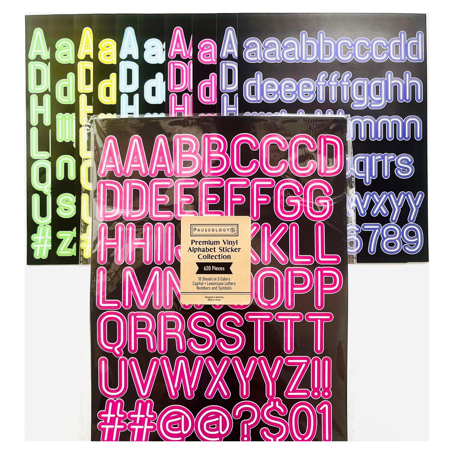620 PCS Neon Light Alphabet Letter Stickers in Premium Water Resistant Vinyl - 10 Sheets in 5 Colors, Self-Adhesive and Colorful for Arts, Crafts, Labeling, Posters, and More! Easy Peel Backing, Bulk