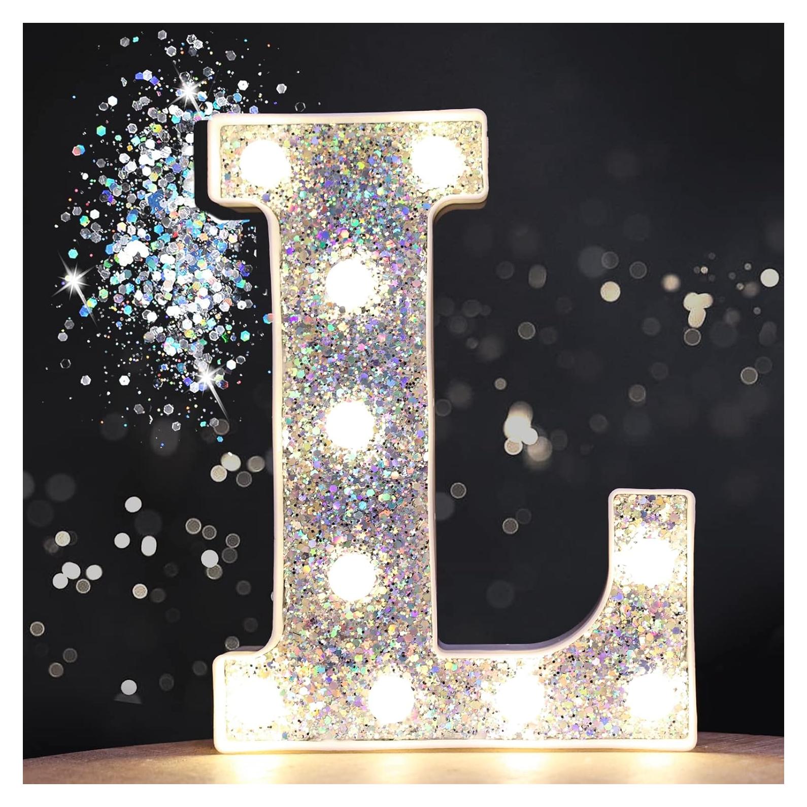 Pooqla LED Marquee Light Up Silver Letter L - Glitter Alphabet Sign, Battery Powered for Night Light, Birthday Party, Wedding, Girls Gifts, Home Bar, Christmas Decoration