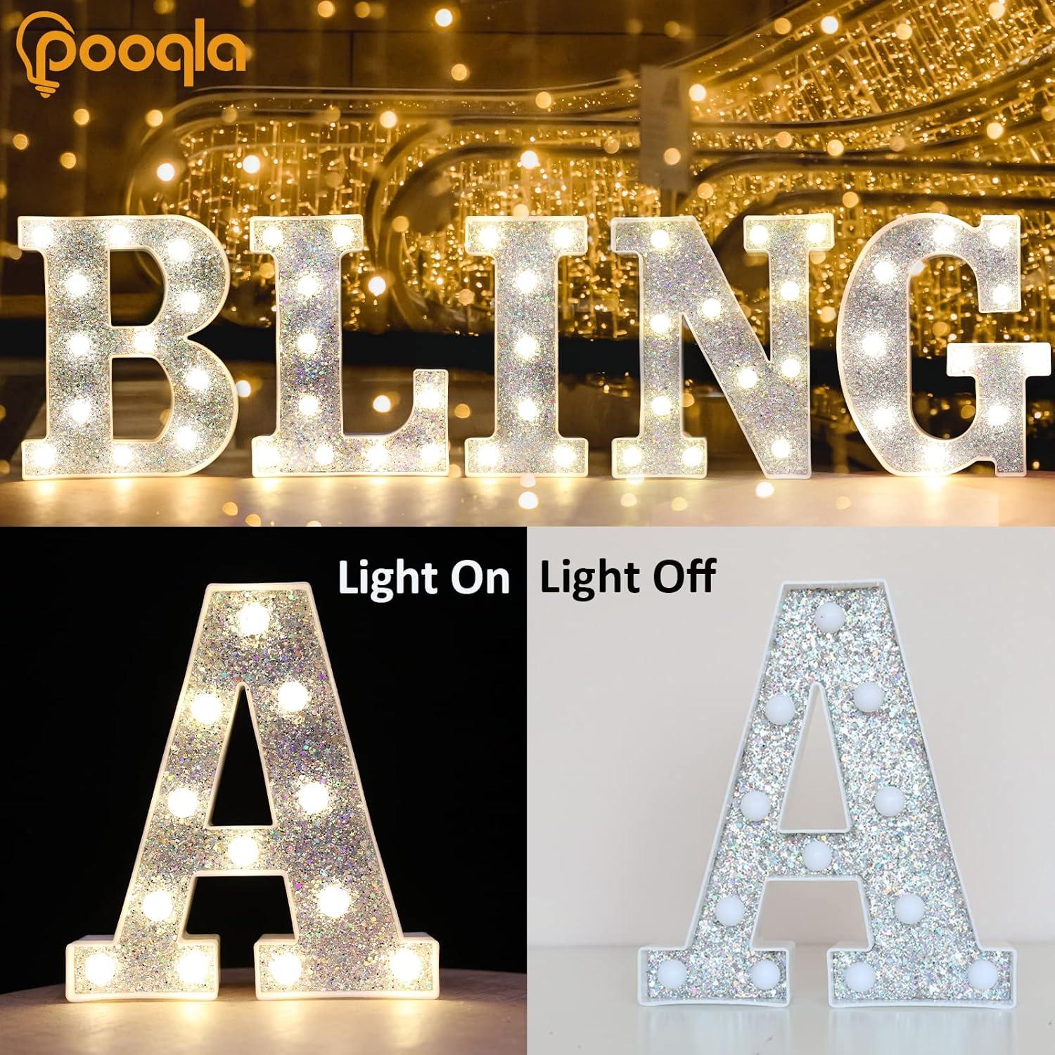 Pooqla LED Marquee Light Up Silver Letter L - Glitter Alphabet Sign, Battery Powered for Night Light, Birthday Party, Wedding, Girls Gifts, Home Bar, Christmas Decoration