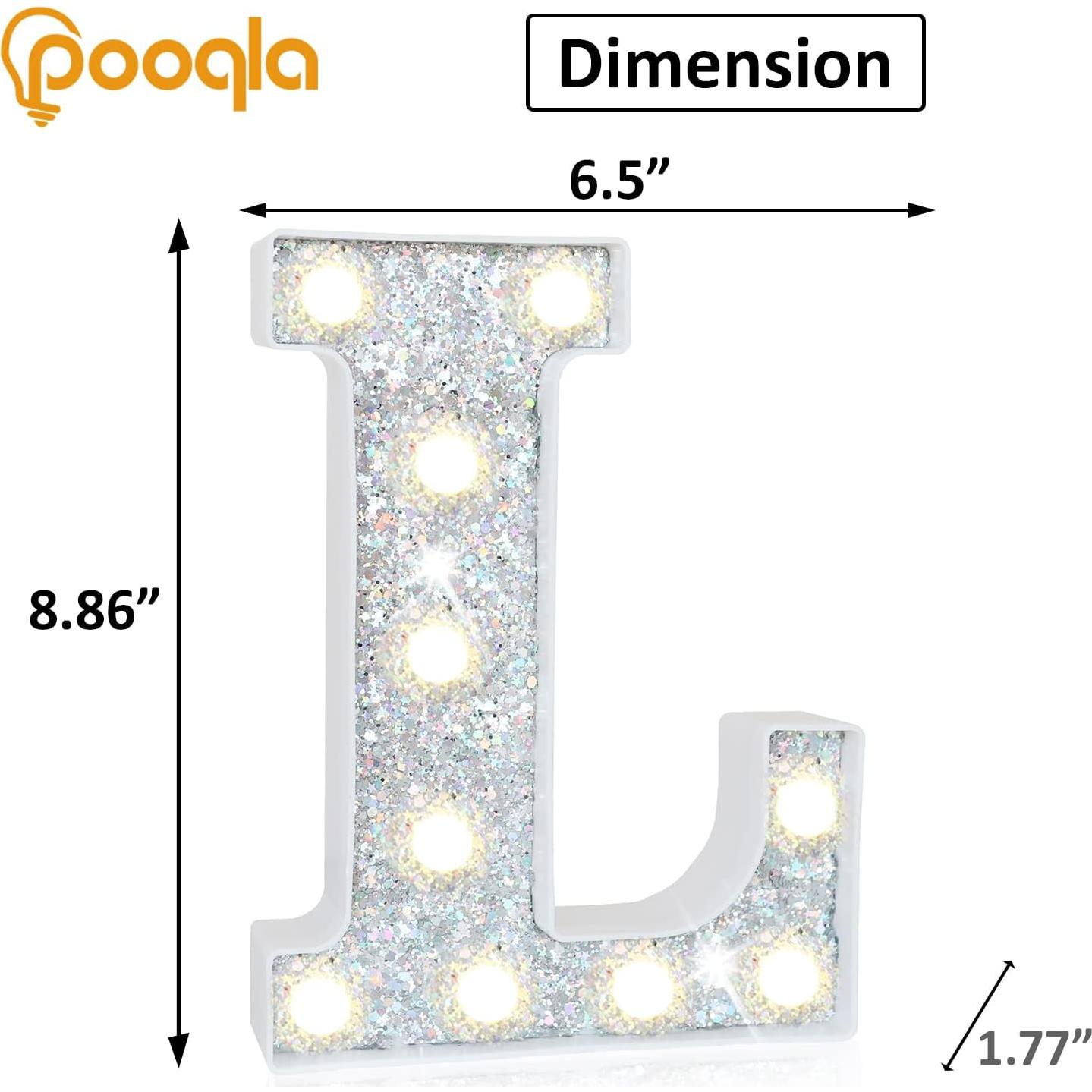 Pooqla LED Marquee Light Up Silver Letter L - Glitter Alphabet Sign, Battery Powered for Night Light, Birthday Party, Wedding, Girls Gifts, Home Bar, Christmas Decoration