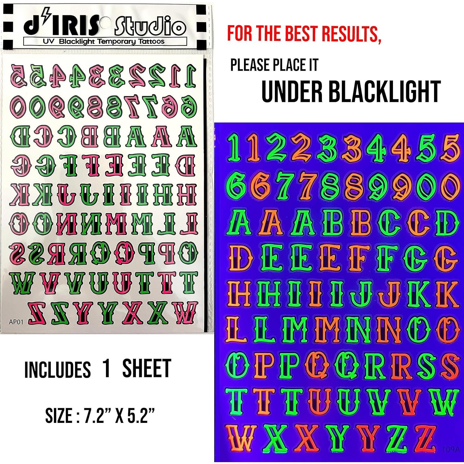 Tatuajes Temporales d'IRIS Studio Luz Negra - Alfabeto Neón