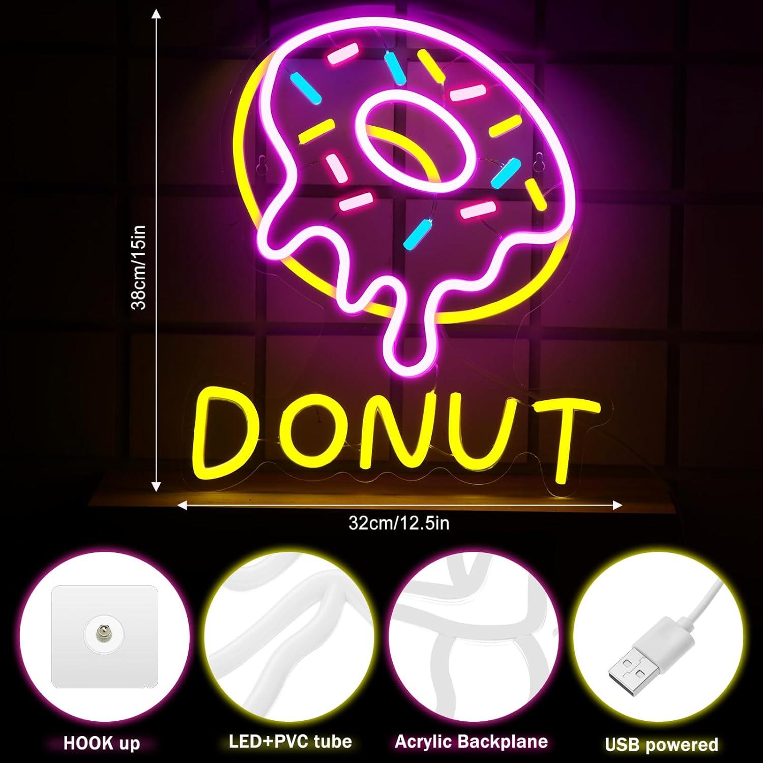 Letrero de Neón Donut Hoteam 38 cm Luz LED Decoración