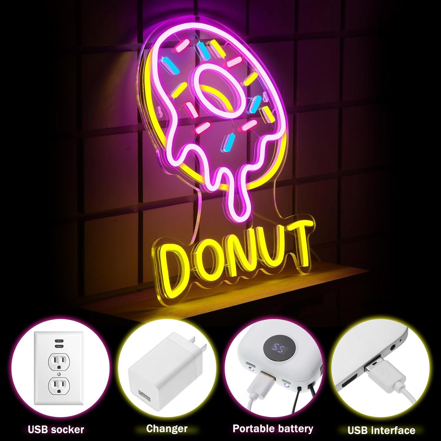 Letrero de Neón Donut Hoteam 38 cm Luz LED Decoración