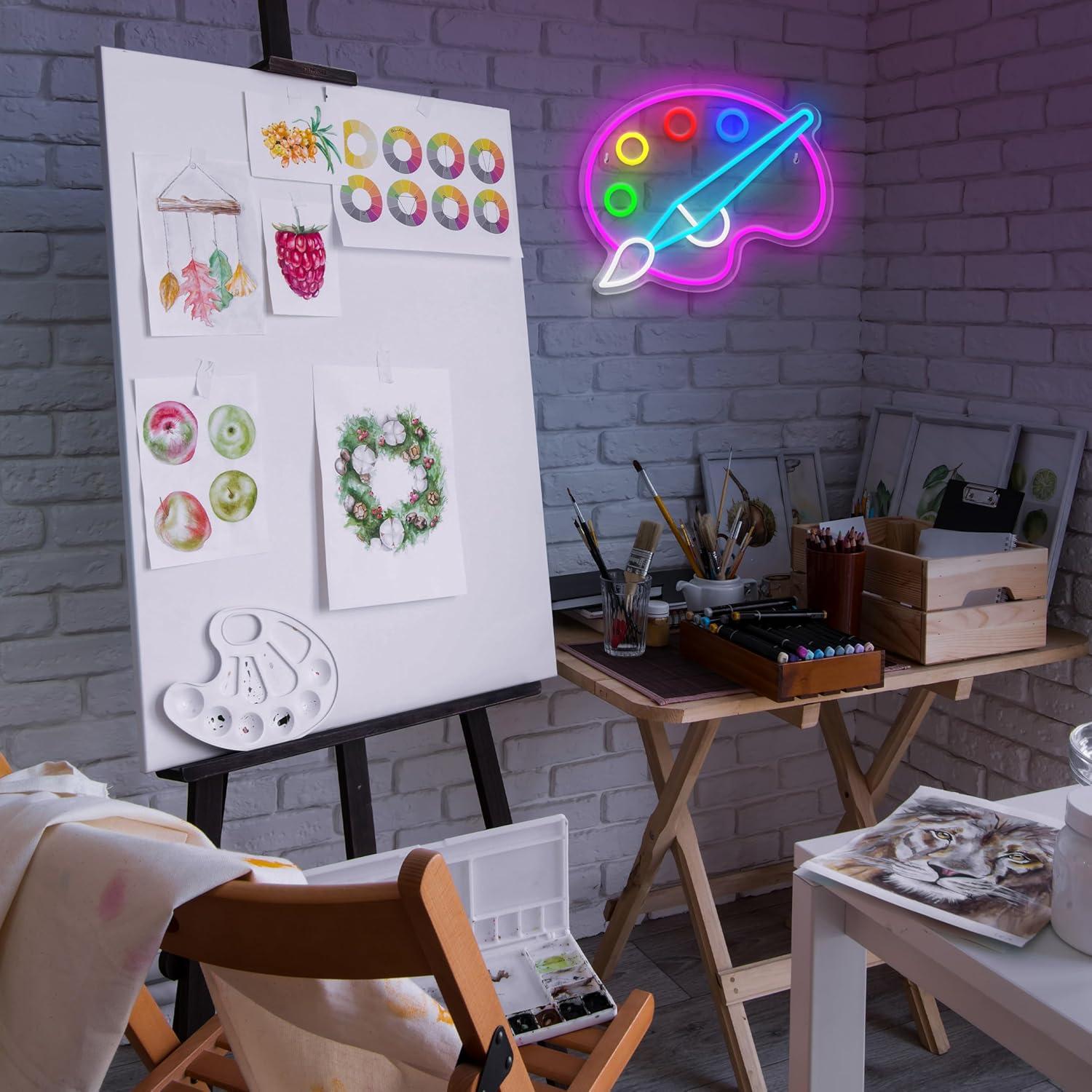Paint Palette Neon Sign Dimmable Paint Pallet Neon Signs for Wall Decor Led Sign for Art Classroom Decor USB Powered Art Painting Light Up Sign