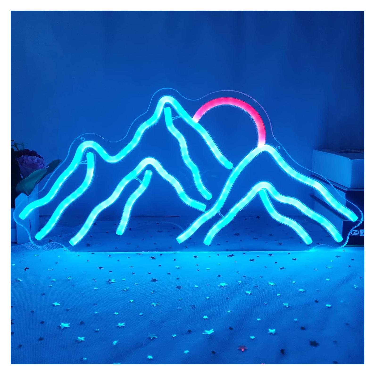 Dimmable Mountain Neon LED Light Sign, 16.9’’*8’’ Sunrise & Sunset for Bedroom, Living Room, Hotel, Wall Decor Christmas Gift (Ice Blue,Red)