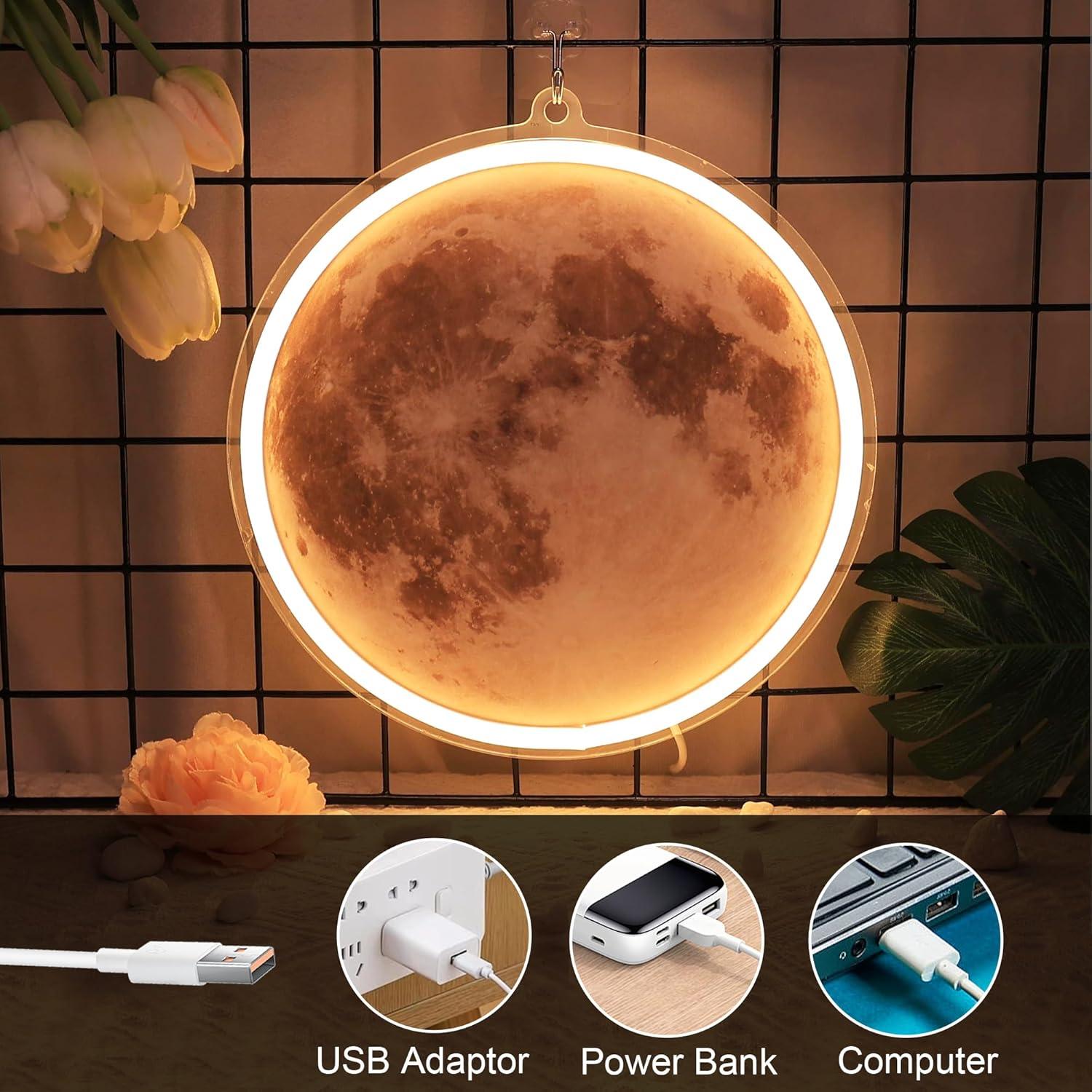 Moon Neon Signs for Wall Decor, Dimmable Neon Sign Moons Led Signs Moon Art Neon Lights for Living Room, Bedroom Gaming Room, Hotel Decor, Cool Birthday Gifts for Friends, Partner