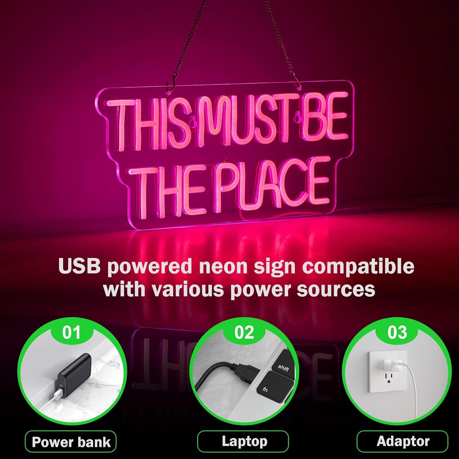 This Must Be The Place Neon Sign for Wall Décor Dimmable LED Neon Light USB Powered Neon Art Signs(Pink)