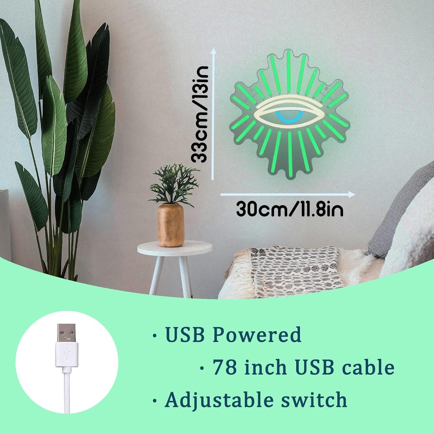 Evil Eyes Neon Signs for Wall Decor, Dimming LED Green Goth Eyes Neon Signs, Bohemian Wall Decor Witchy Decor USB Neon Wall Signs for Bedroom Meditation Decor Charm Gift Unique Home Christmas Gift(11.8x13in)