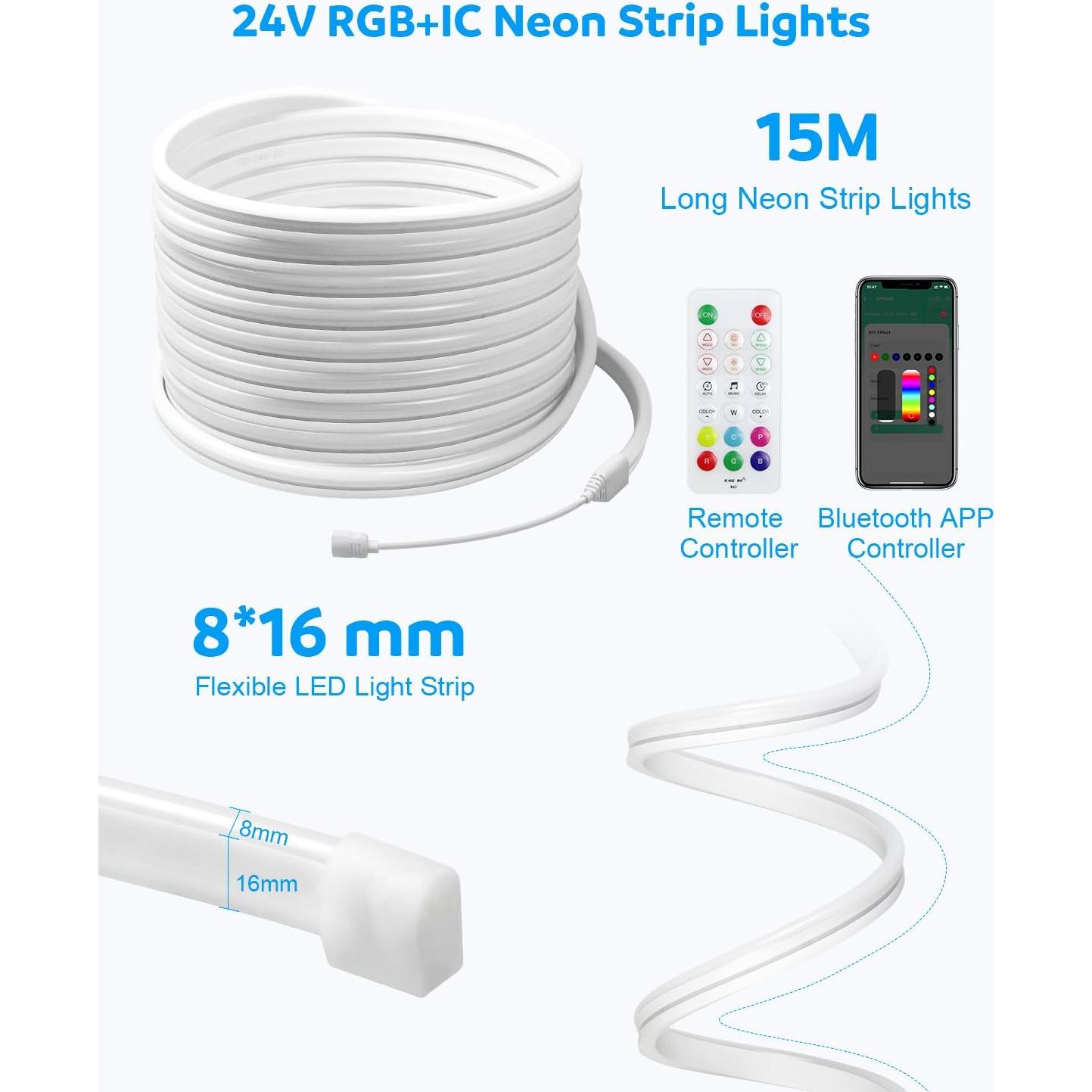 Tira de Neón LED Aclorol 15M RGB Impermeable 24V con APP