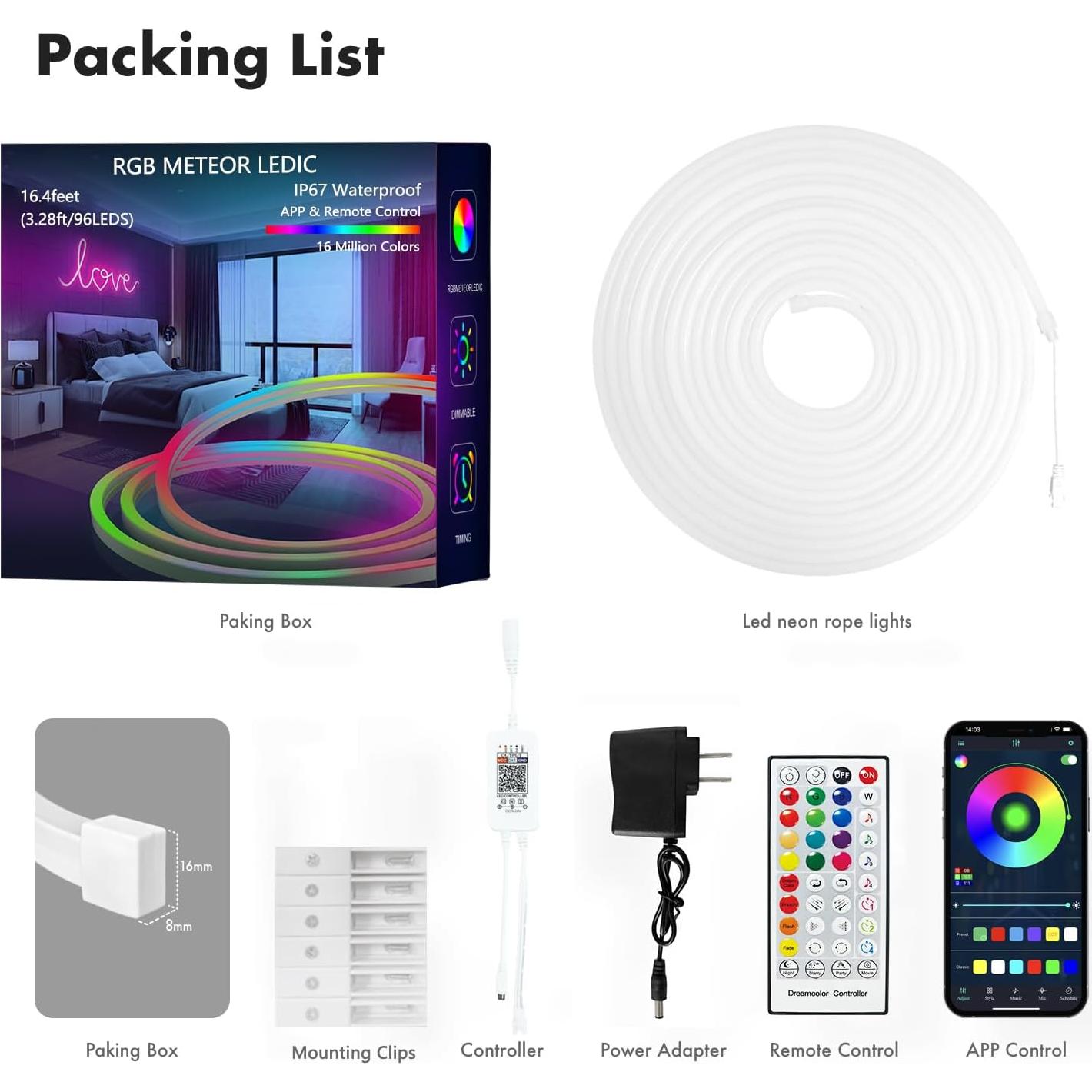 Tira LED de Neón 5m HRDJ, IP67, Control Remoto, Sincronización Música