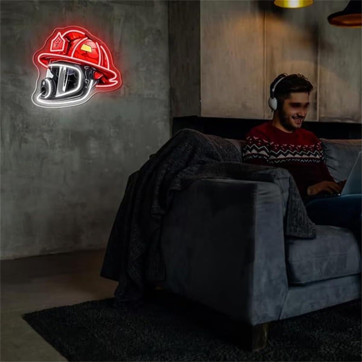 Firefighter Helmet Neon Sign,LED Neon USB Powered Neons Sign,Fire Station Helmet Neons Signs Light,Fire Department Wall Decor Mood Lights for Firefighters & Husband Gift