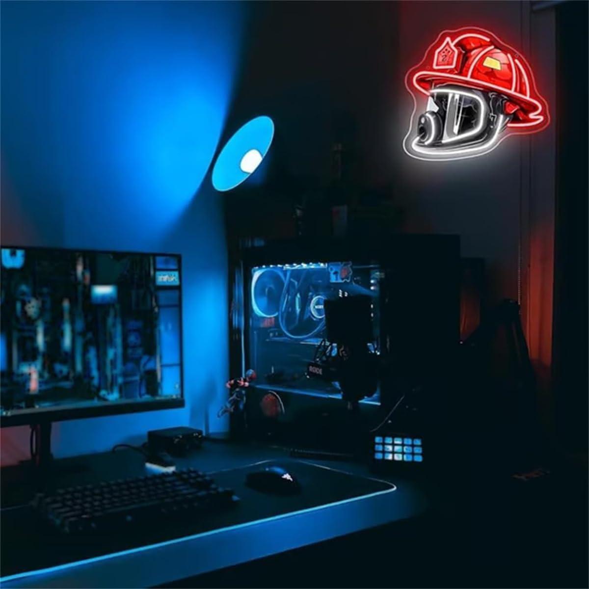Firefighter Helmet Neon Sign,LED Neon USB Powered Neons Sign,Fire Station Helmet Neons Signs Light,Fire Department Wall Decor Mood Lights for Firefighters & Husband Gift