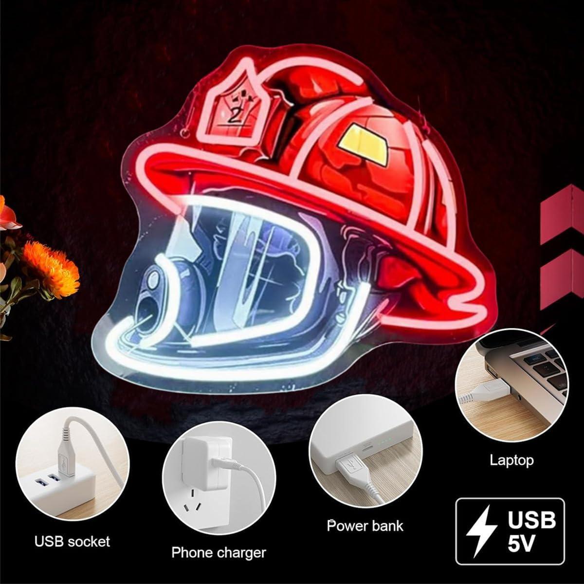 Firefighter Helmet Neon Sign,LED Neon USB Powered Neons Sign,Fire Station Helmet Neons Signs Light,Fire Department Wall Decor Mood Lights for Firefighters & Husband Gift