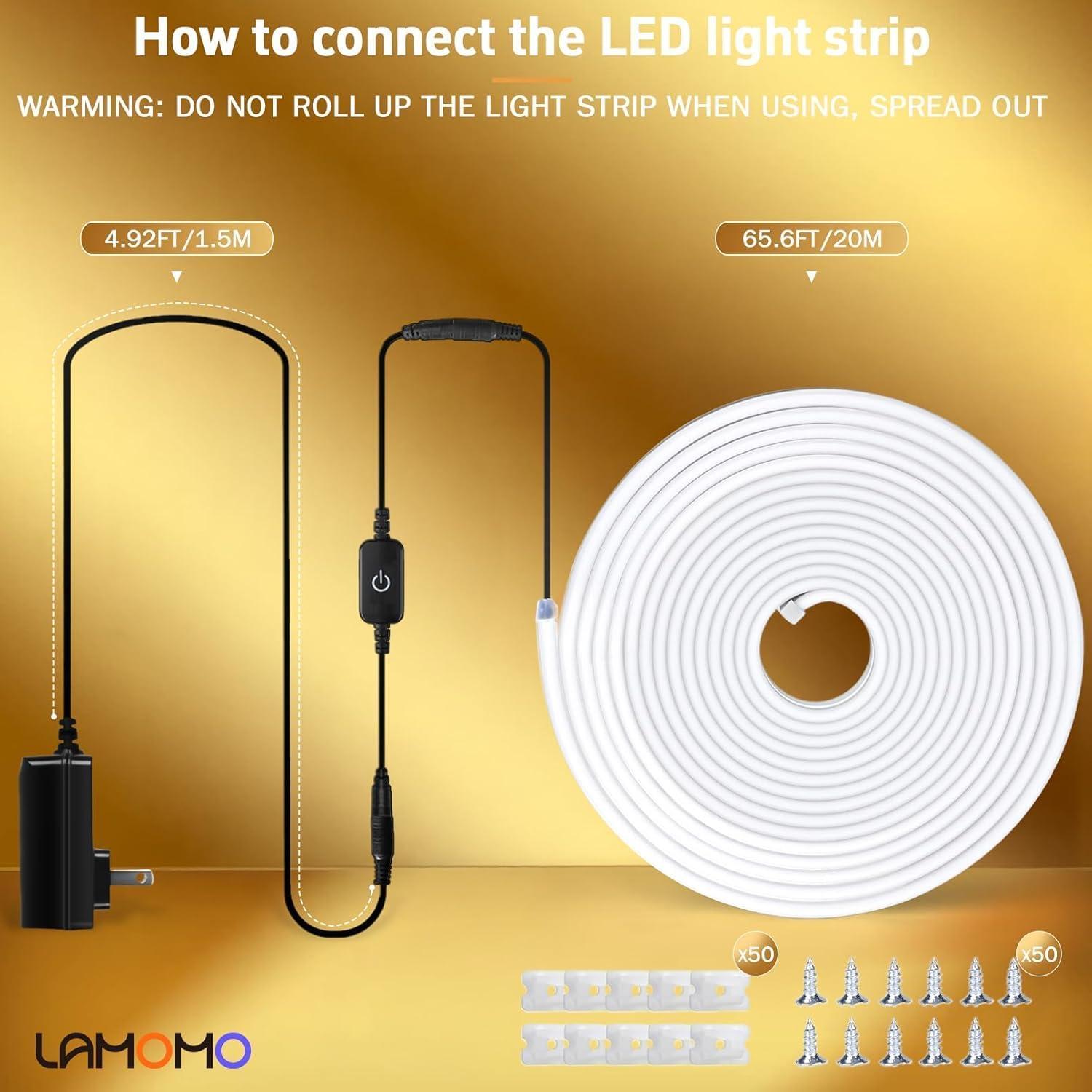 Tira LED Neón Lamomo 20m 3000K Cálido Blanco Regulable IP65