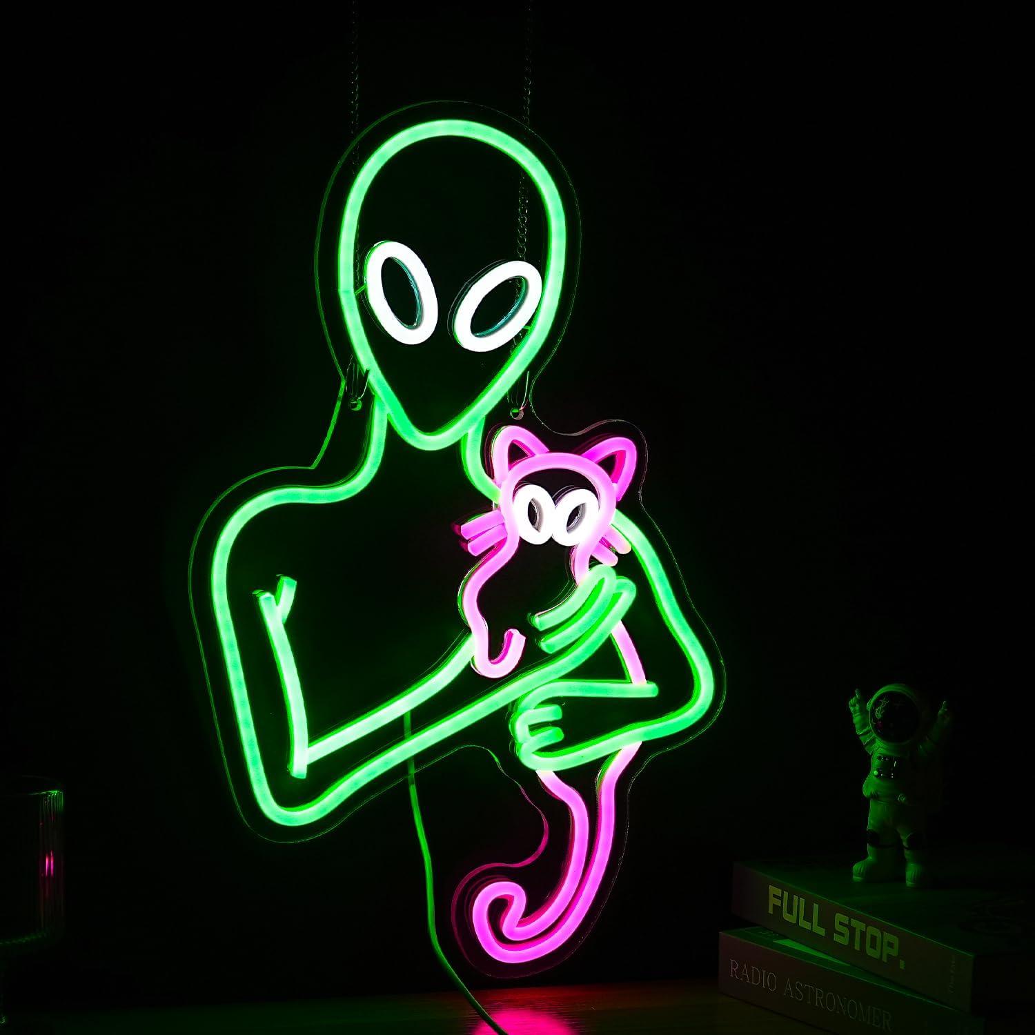 Cartel de Neón Gato Alienígena Verde y Rosa 43.94x29cm USB