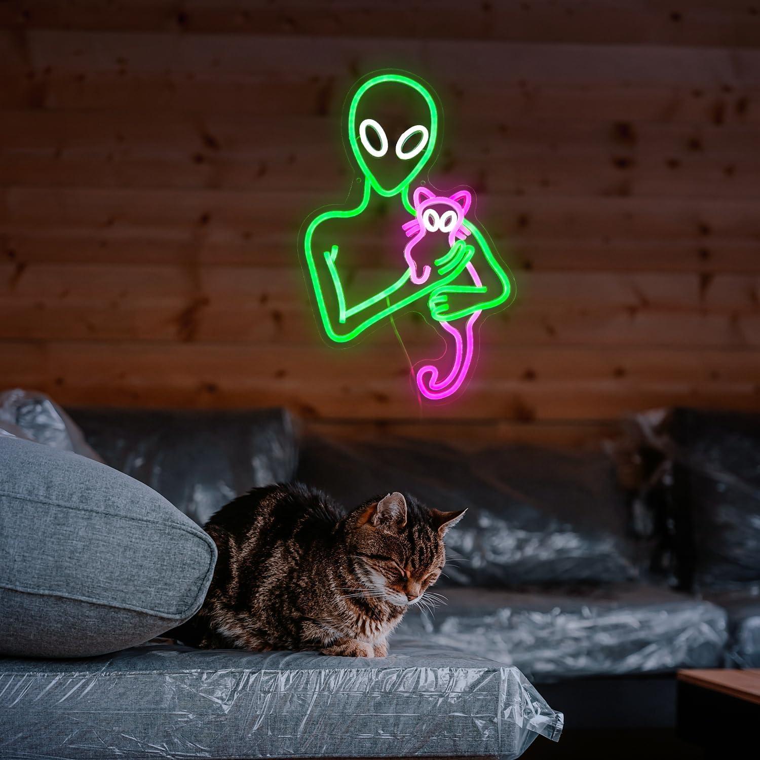 Cartel de Neón Gato Alienígena Verde y Rosa 43.94x29cm USB