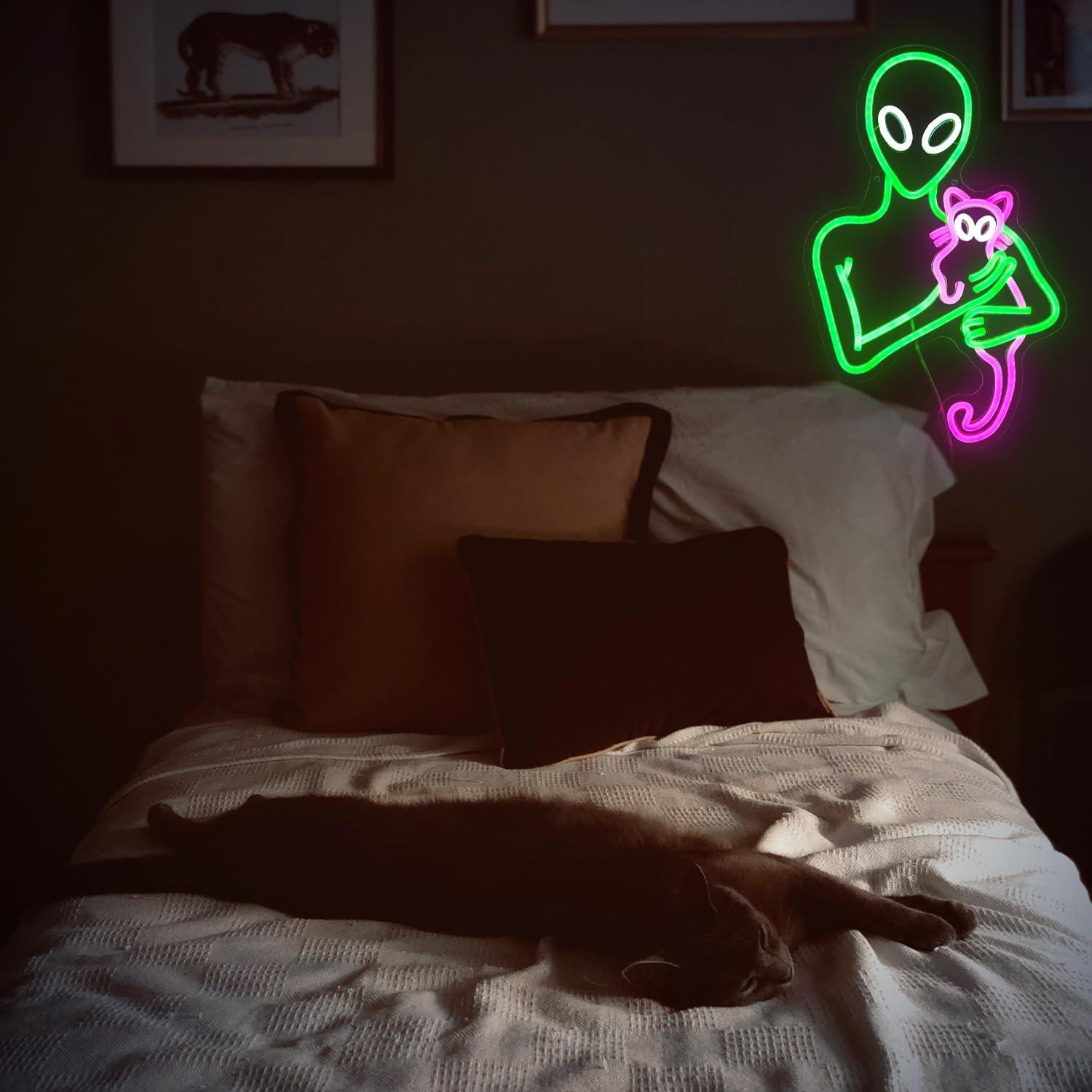 Cartel de Neón Gato Alienígena Verde y Rosa 43.94x29cm USB