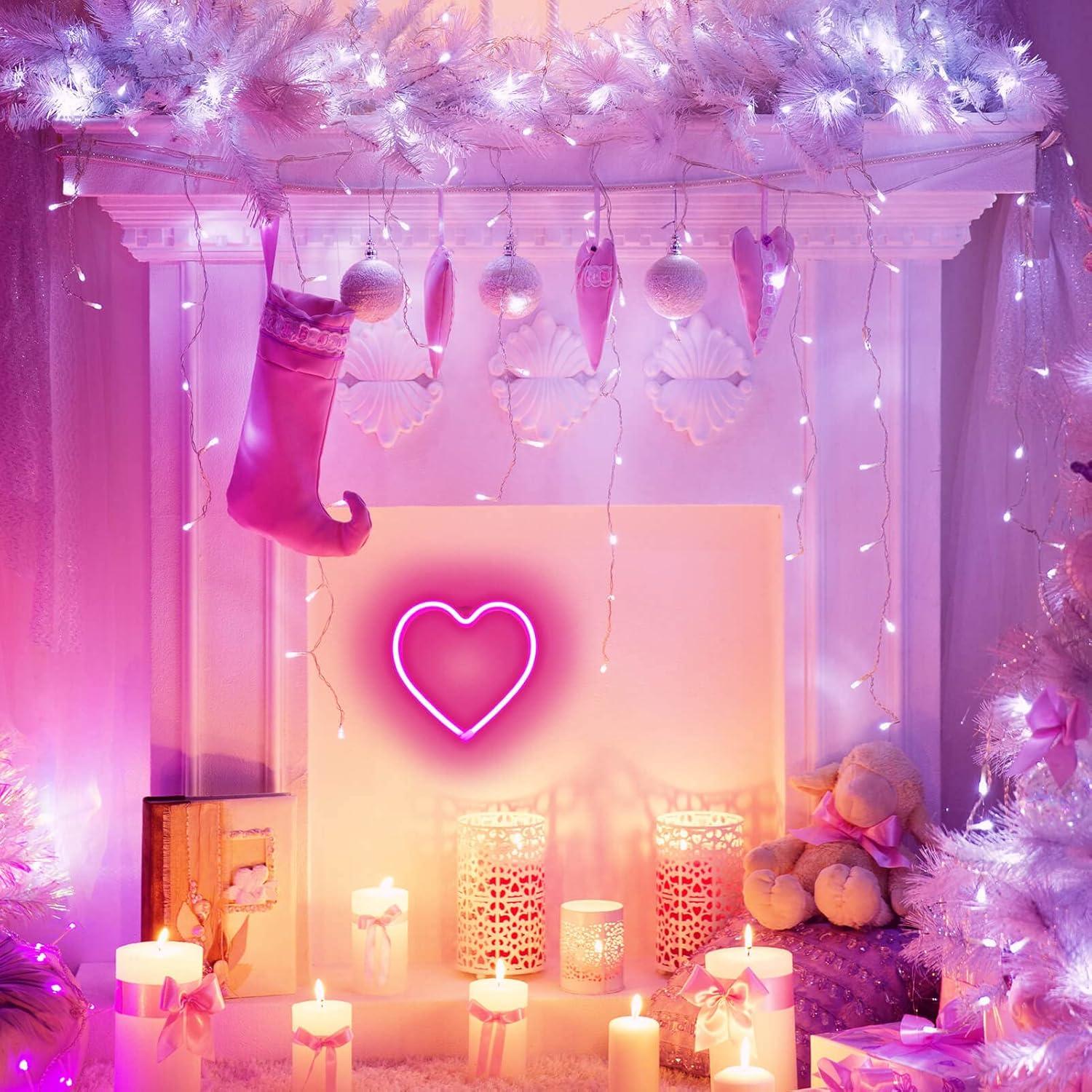 Neon Heart Lights - Pink LED Heart Lamp, Decorations for Home, Hanging Gifts, USB/Battery Operated for Bedroom, Living Room