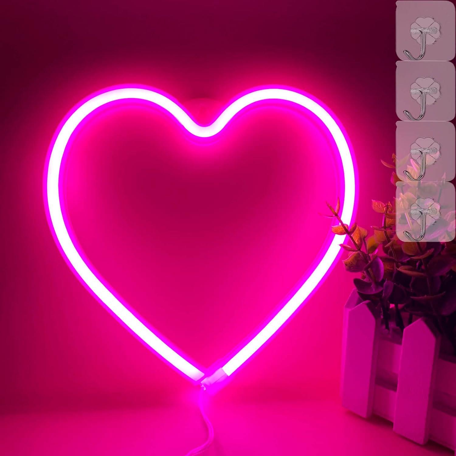 Neon Heart Lights - Pink LED Heart Lamp, Decorations for Home, Hanging Gifts, USB/Battery Operated for Bedroom, Living Room
