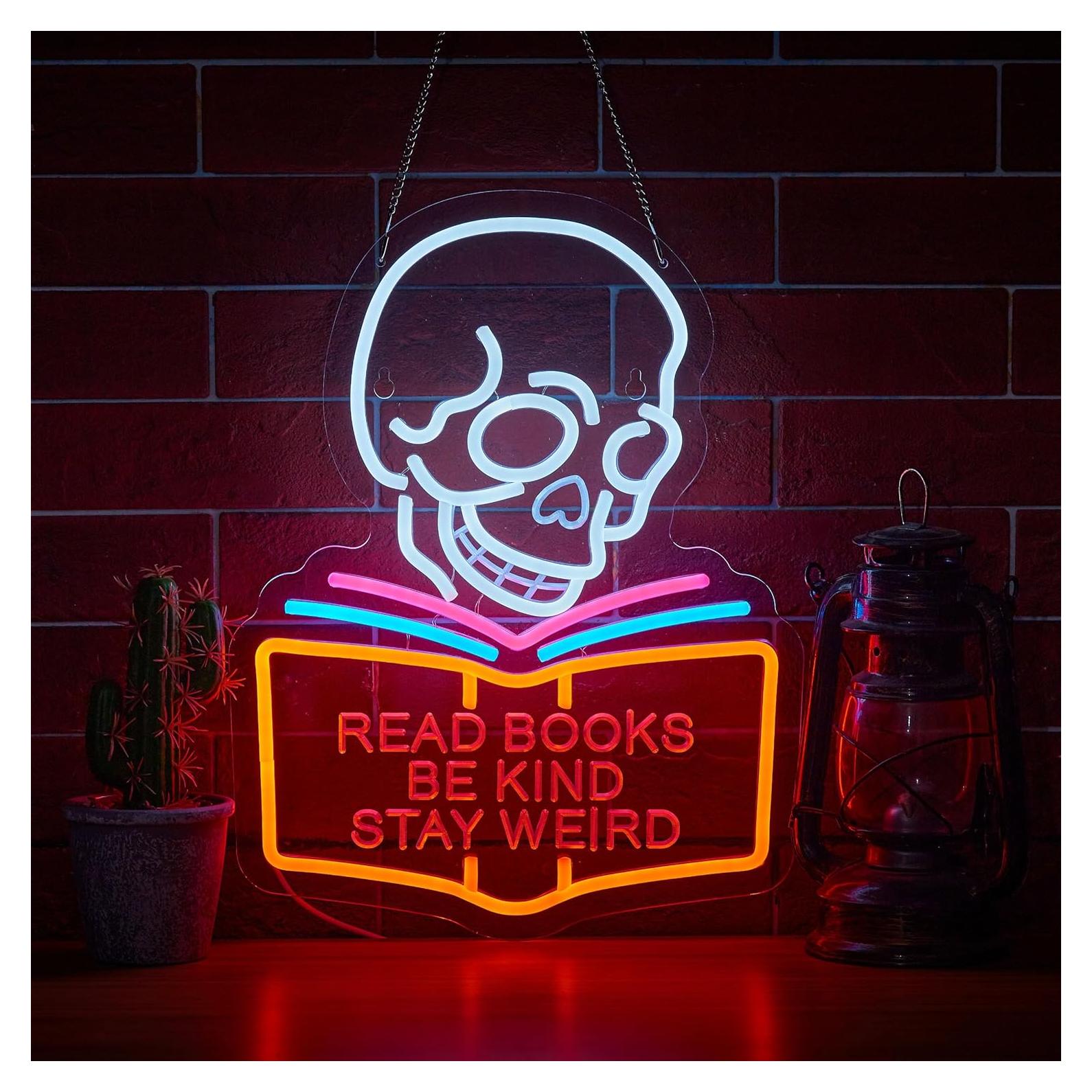 Read Books Be Kind Stay Weird Neon Sign for Wall Décor Dimmable LED Skull Neon Light USB Powered Neon Art Signs Decor