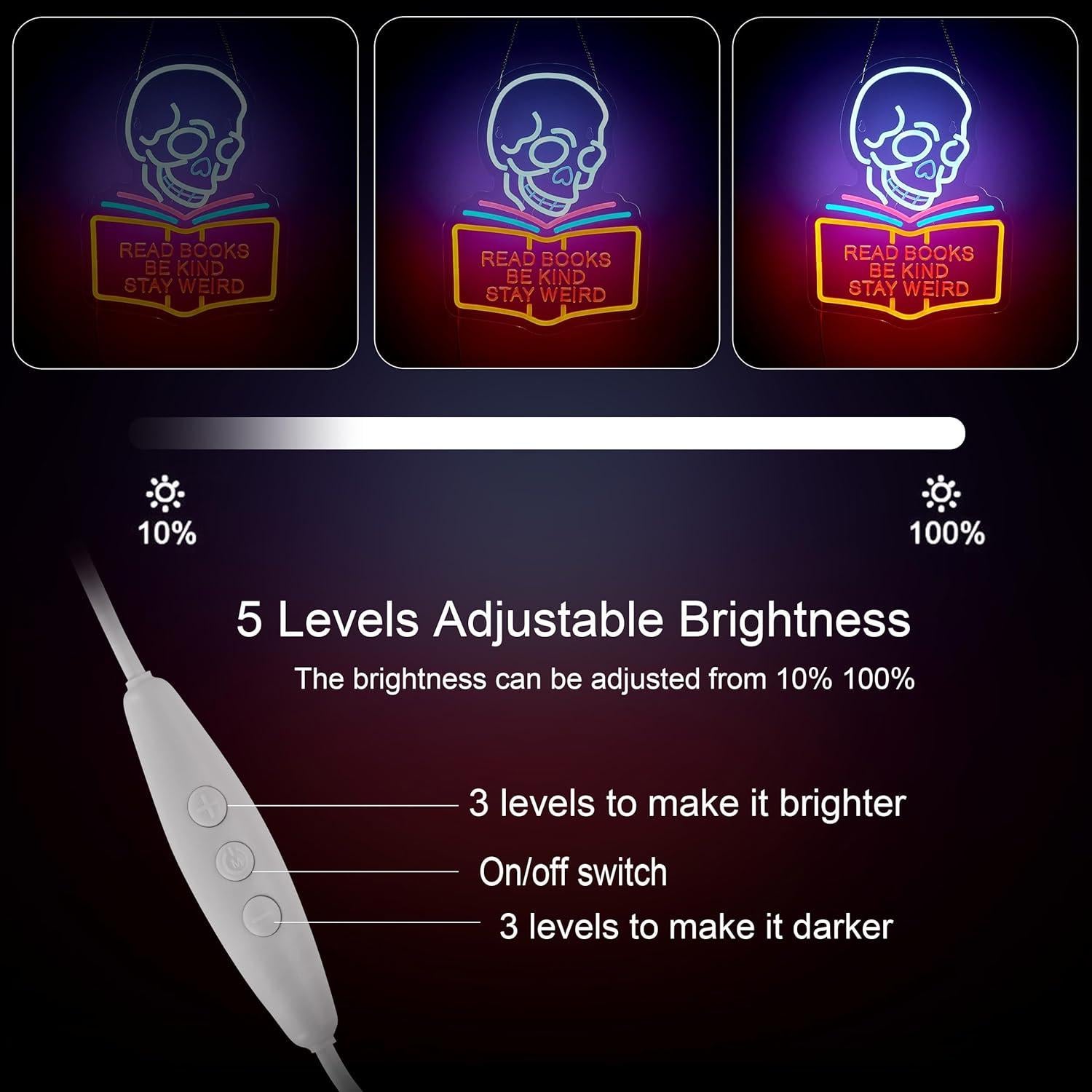 Read Books Be Kind Stay Weird Neon Sign for Wall Décor Dimmable LED Skull Neon Light USB Powered Neon Art Signs Decor