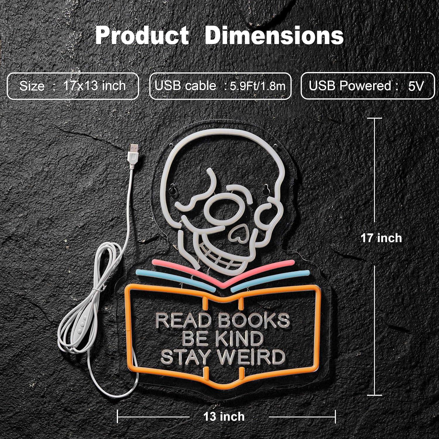 Read Books Be Kind Stay Weird Neon Sign for Wall Décor Dimmable LED Skull Neon Light USB Powered Neon Art Signs Decor