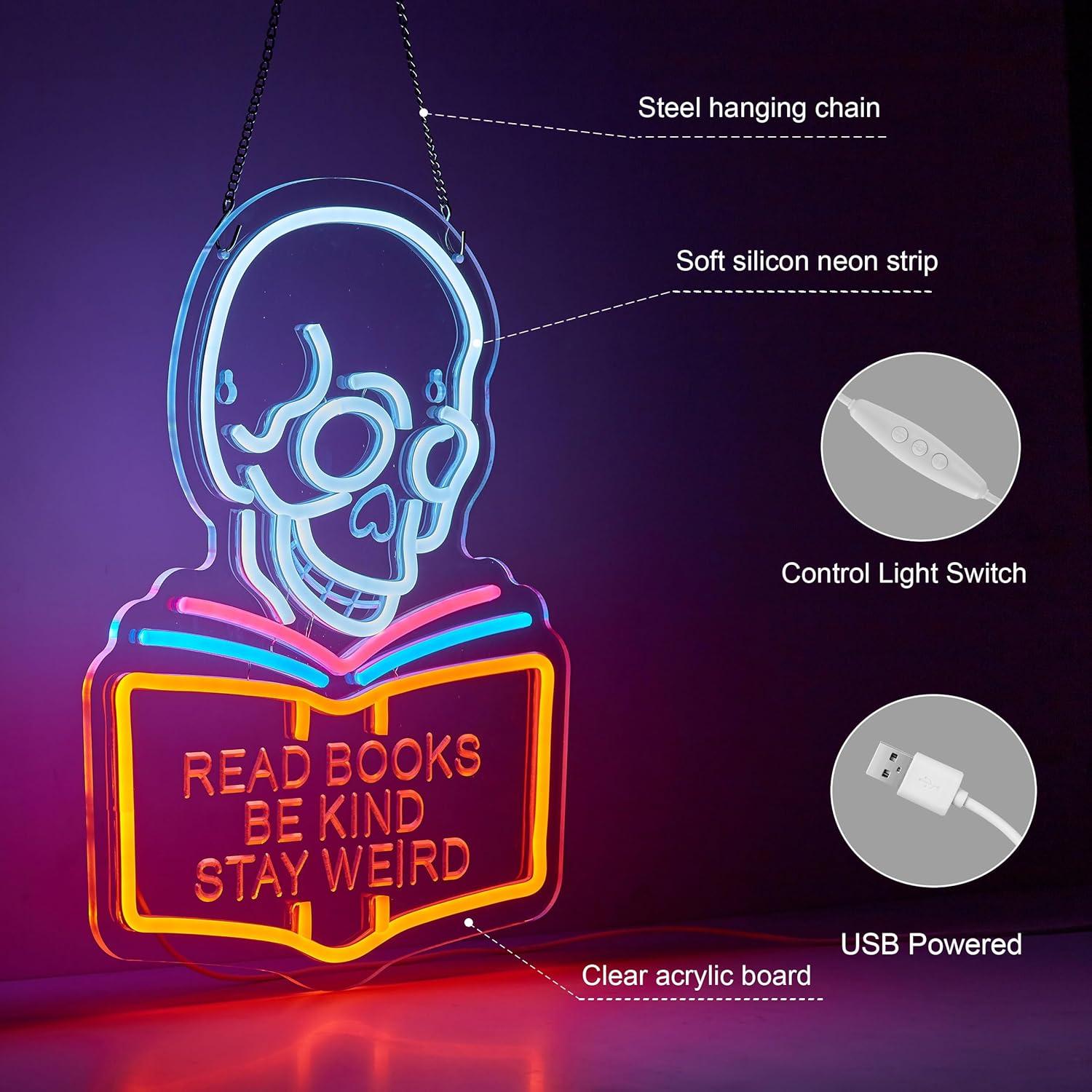 Read Books Be Kind Stay Weird Neon Sign for Wall Décor Dimmable LED Skull Neon Light USB Powered Neon Art Signs Decor