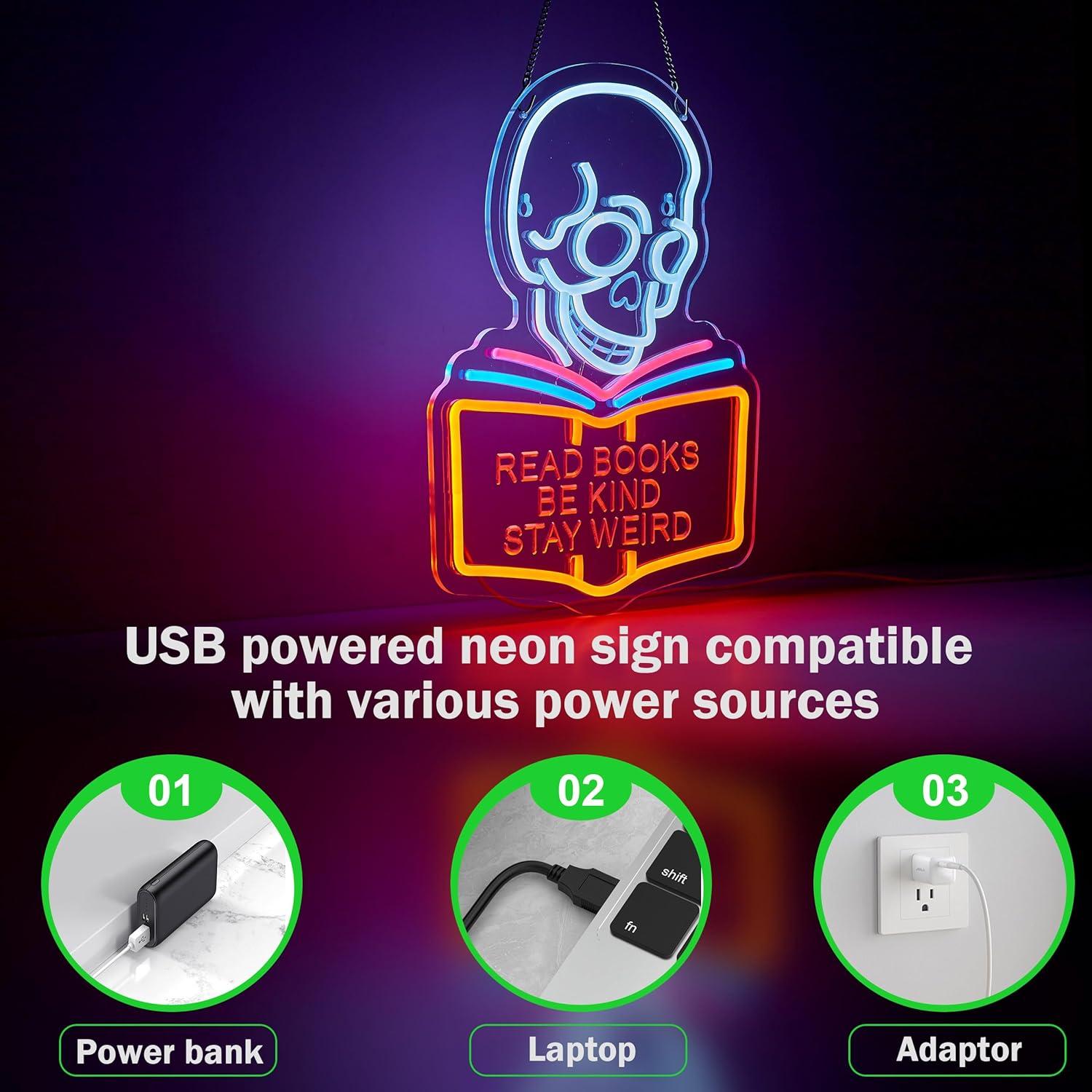 Read Books Be Kind Stay Weird Neon Sign for Wall Décor Dimmable LED Skull Neon Light USB Powered Neon Art Signs Decor