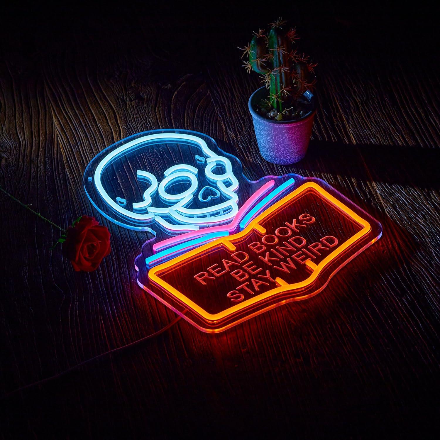 Read Books Be Kind Stay Weird Neon Sign for Wall Décor Dimmable LED Skull Neon Light USB Powered Neon Art Signs Decor