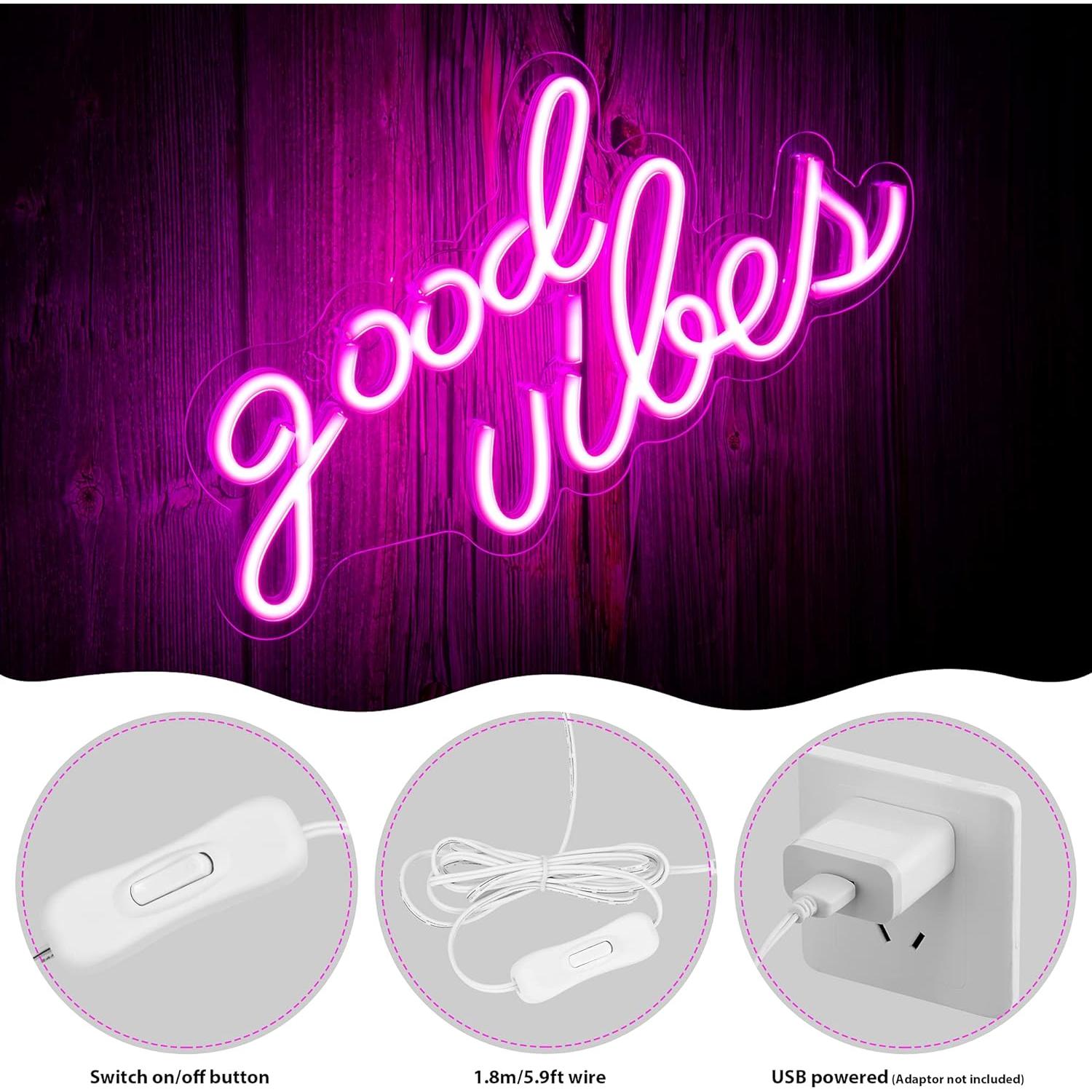 Pink Good Vibes Neon Sign - Neon Lights for Bedroom, LED Neon Signs for Wall Decor (16.1 x 8.3 inch)