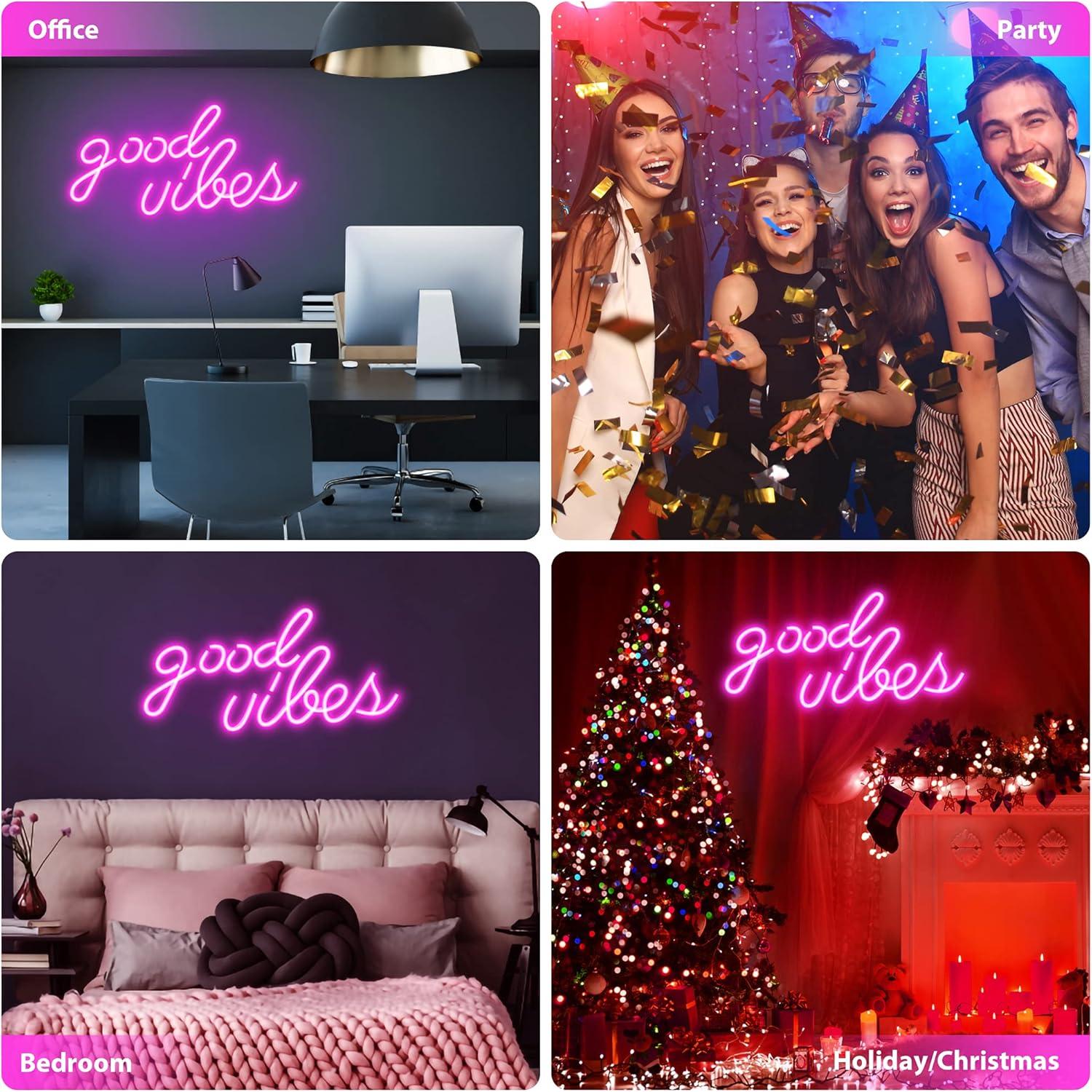 Pink Good Vibes Neon Sign - Neon Lights for Bedroom, LED Neon Signs for Wall Decor (16.1 x 8.3 inch)