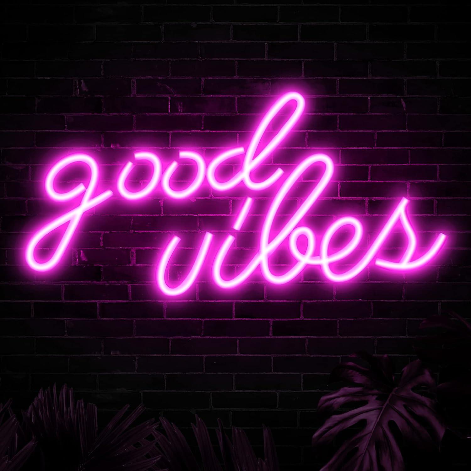 Pink Good Vibes Neon Sign - Neon Lights for Bedroom, LED Neon Signs for Wall Decor (16.1 x 8.3 inch)