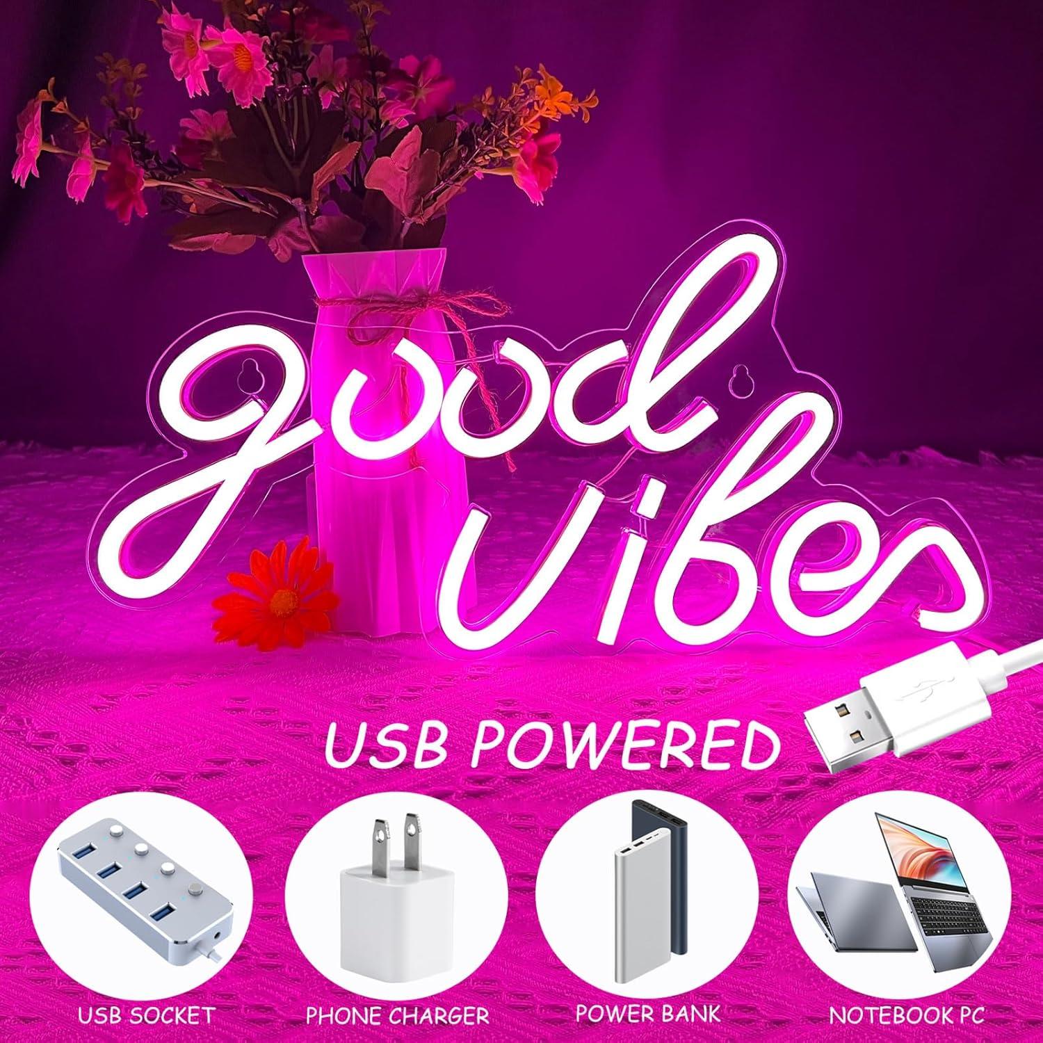 Letrero de Neón Buenas Vibras LED Rosa 40x24cm USB