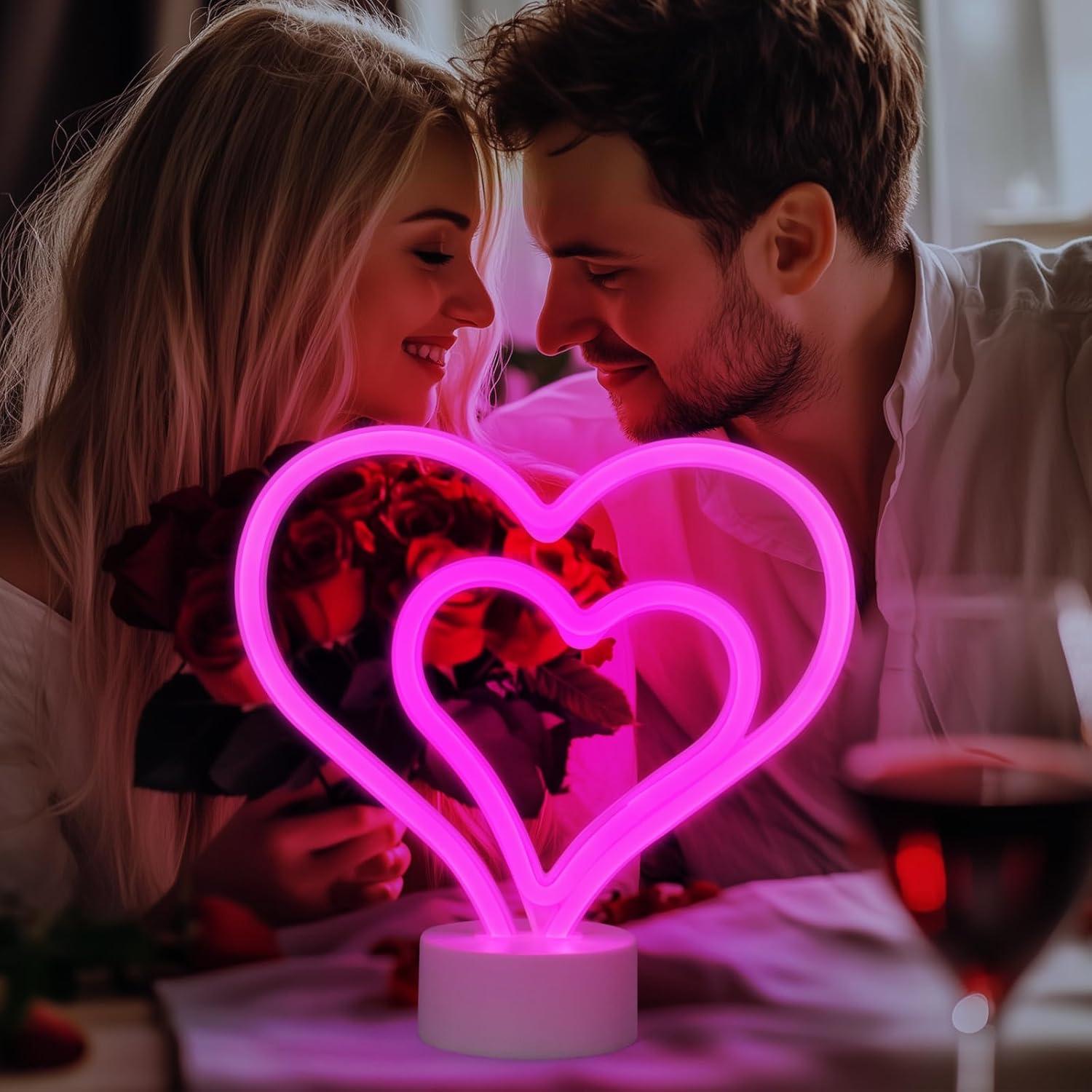 Letrero de Neón Rosa Halovin Corazón LED Batería 23.6x8.4cm