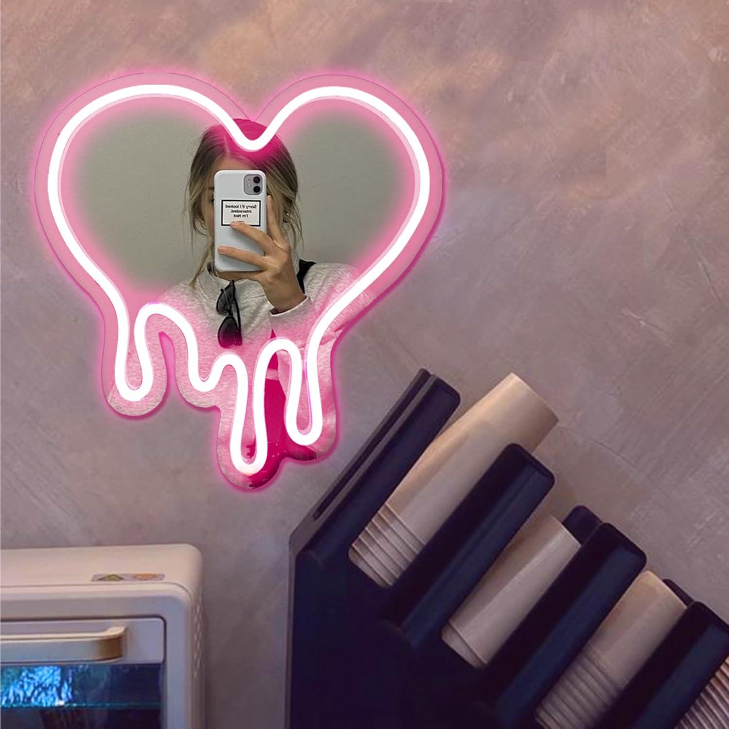 DECANIT Heart Neon Sign - Heart-Melting Wall Decor, USB Powered LED Light in Pink, 12"x12" Decorative Wall Mirror.Ideal for Bedroom, Girls Room, Party, Studio, Store Decor. Great Birthday Gifts