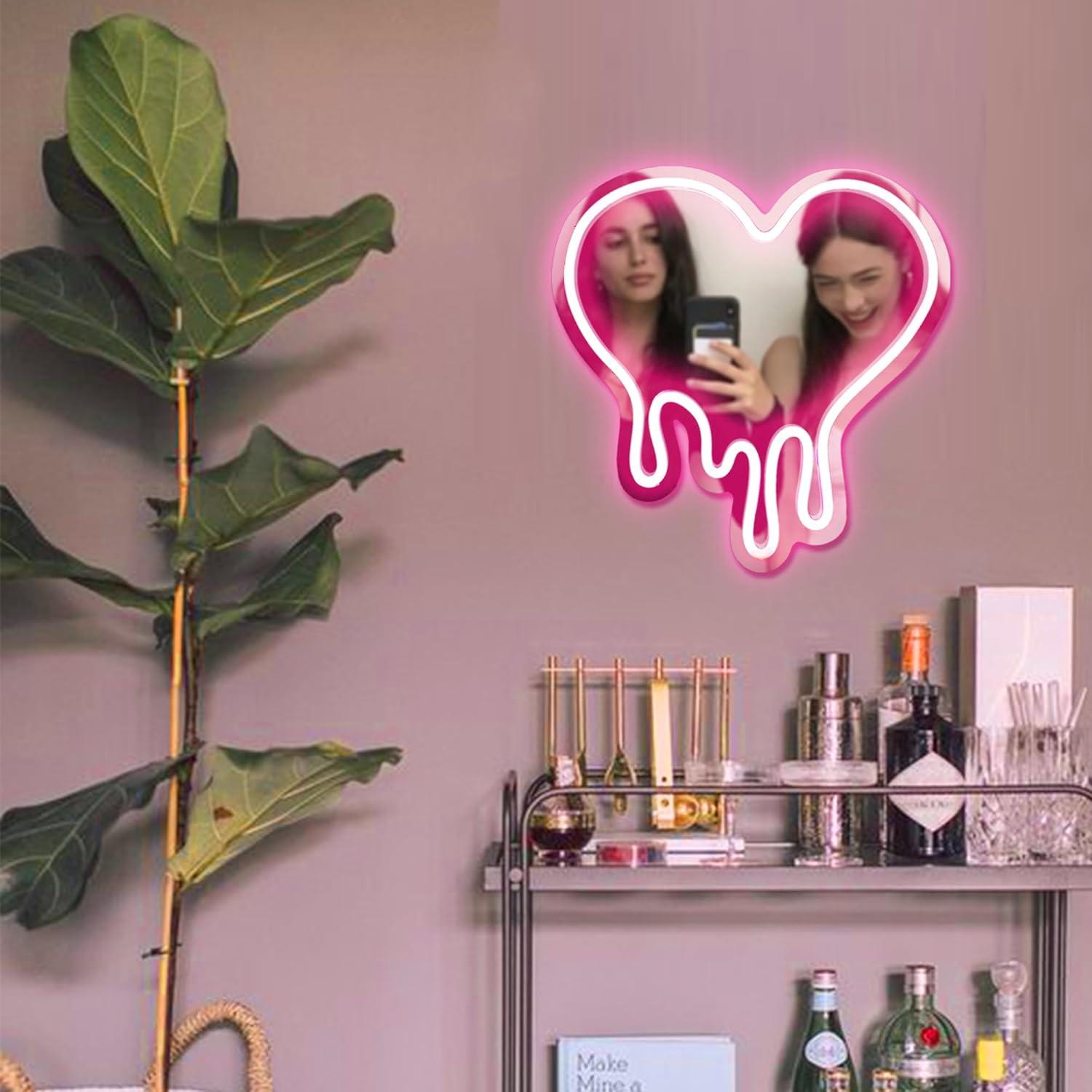 DECANIT Heart Neon Sign - Heart-Melting Wall Decor, USB Powered LED Light in Pink, 12"x12" Decorative Wall Mirror.Ideal for Bedroom, Girls Room, Party, Studio, Store Decor. Great Birthday Gifts