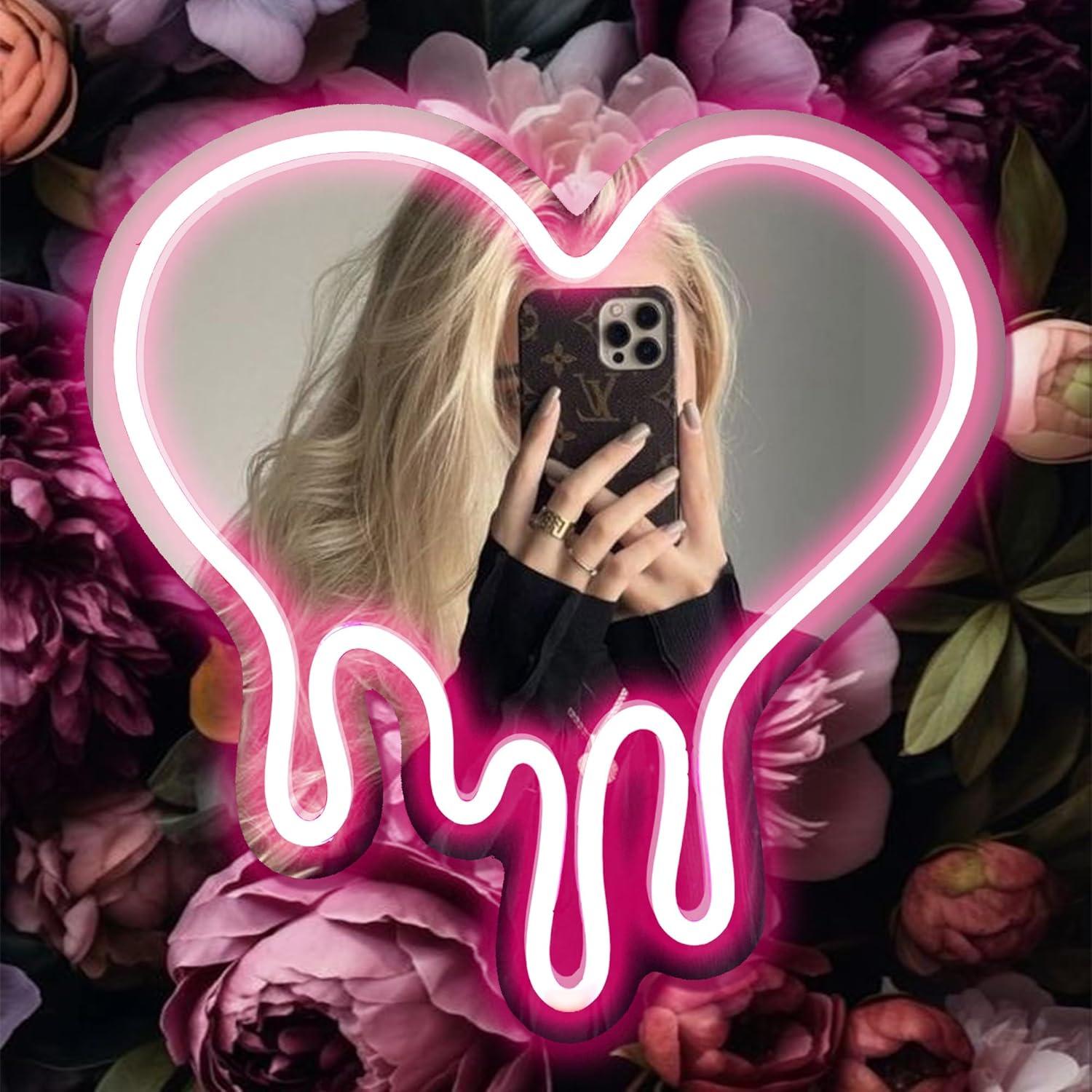 DECANIT Heart Neon Sign - Heart-Melting Wall Decor, USB Powered LED Light in Pink, 12"x12" Decorative Wall Mirror.Ideal for Bedroom, Girls Room, Party, Studio, Store Decor. Great Birthday Gifts