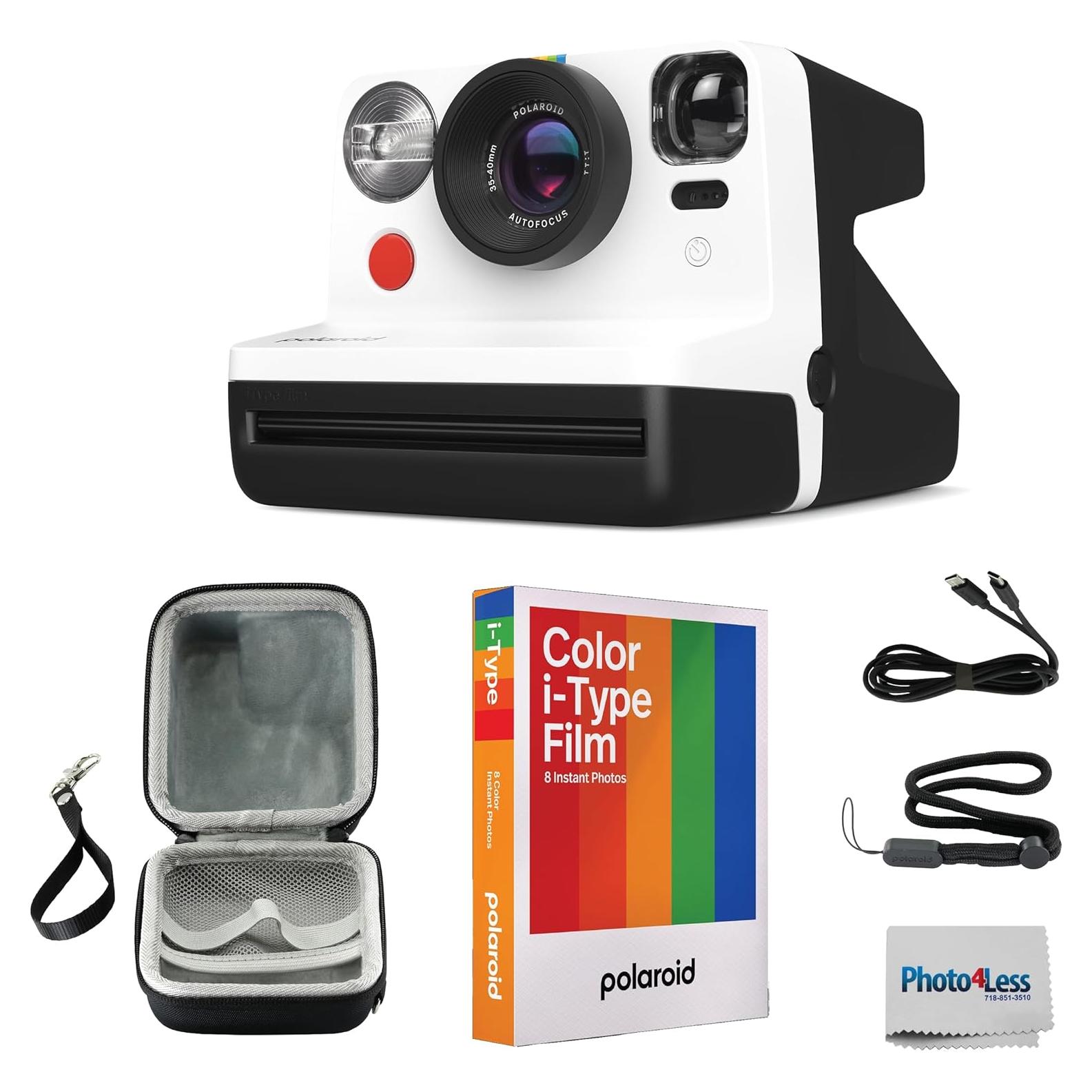 Now 2nd Generation I-Type Instant Film Camera Bundle with Polaroid Color Film for I-Type (6000), Protective Carrying Case, Lens Cleaning Cloth (Black & White)