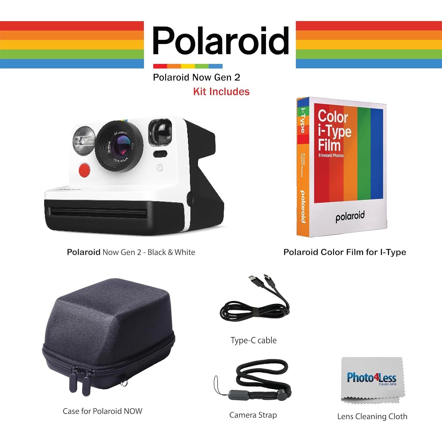 Now 2nd Generation I-Type Instant Film Camera Bundle with Polaroid Color Film for I-Type (6000), Protective Carrying Case, Lens Cleaning Cloth (Black & White)