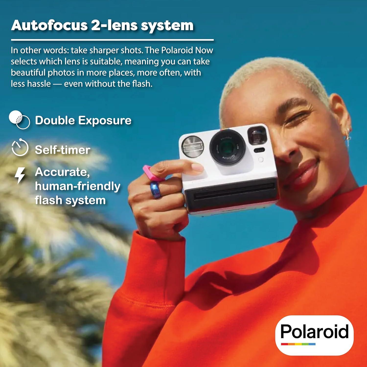 Now 2nd Generation I-Type Instant Film Camera Bundle with Polaroid Color Film for I-Type (6000), Protective Carrying Case, Lens Cleaning Cloth (Black & White)