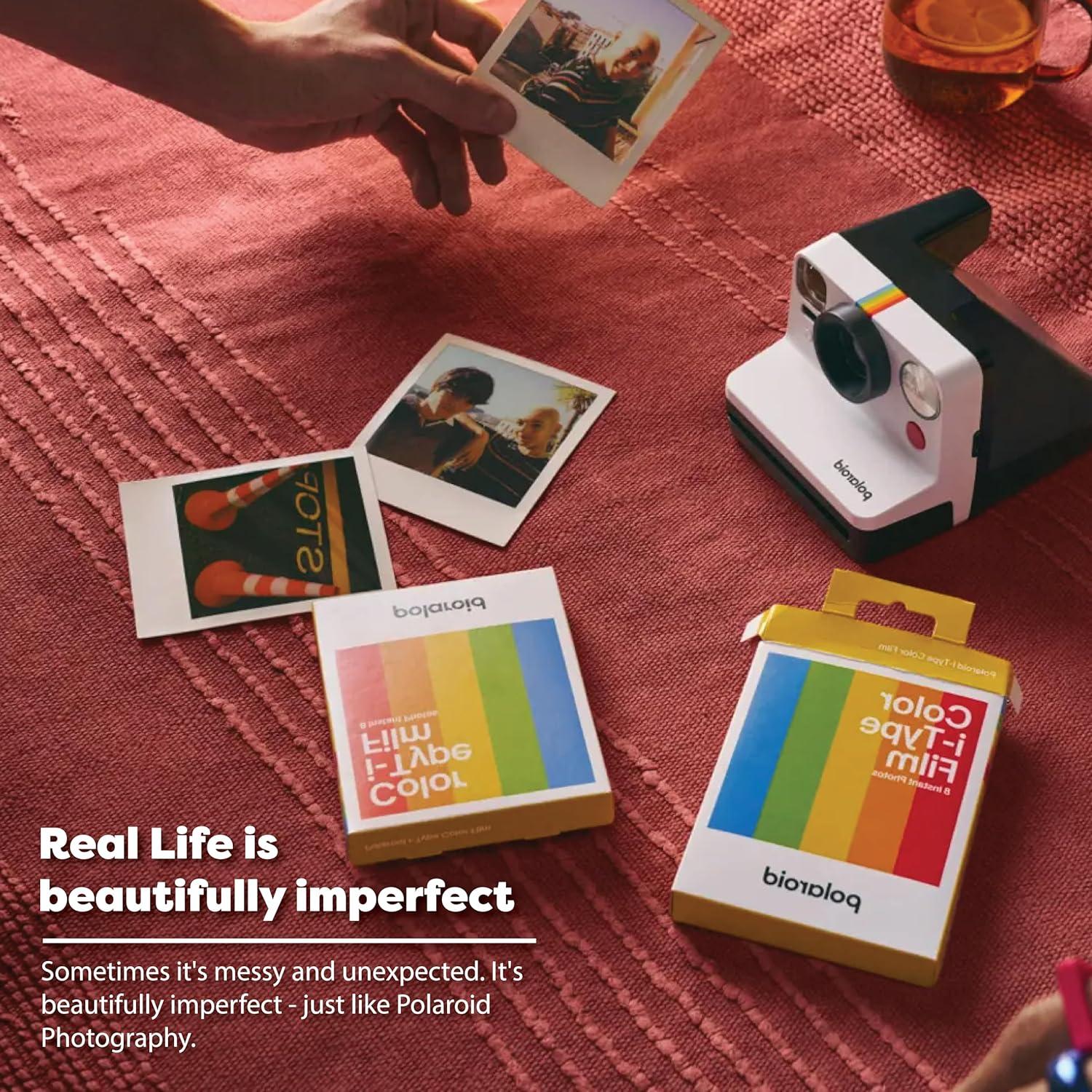 Now 2nd Generation I-Type Instant Film Camera Bundle with Polaroid Color Film for I-Type (6000), Protective Carrying Case, Lens Cleaning Cloth (Black & White)