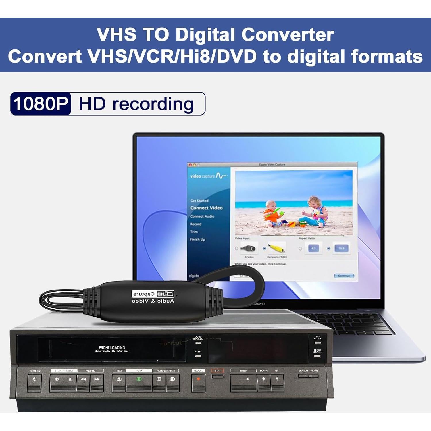 Convertidor de VHS a Digital 1080P CLLGrocery USB RCA