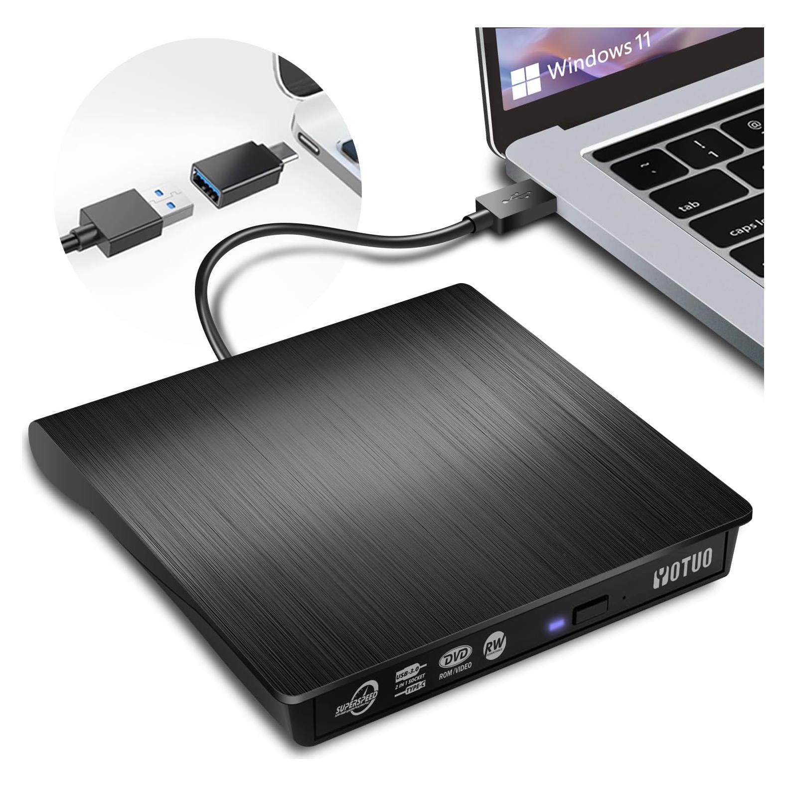 External DVD Drive, Portable USB 3.0 CD +/-RW Drive DVD Player for ROM Rewriter Burner for Laptop Desktop, Compatible with Windows 7/8/10/11 Mac MacBook Pro/Air… (DVD Burner)