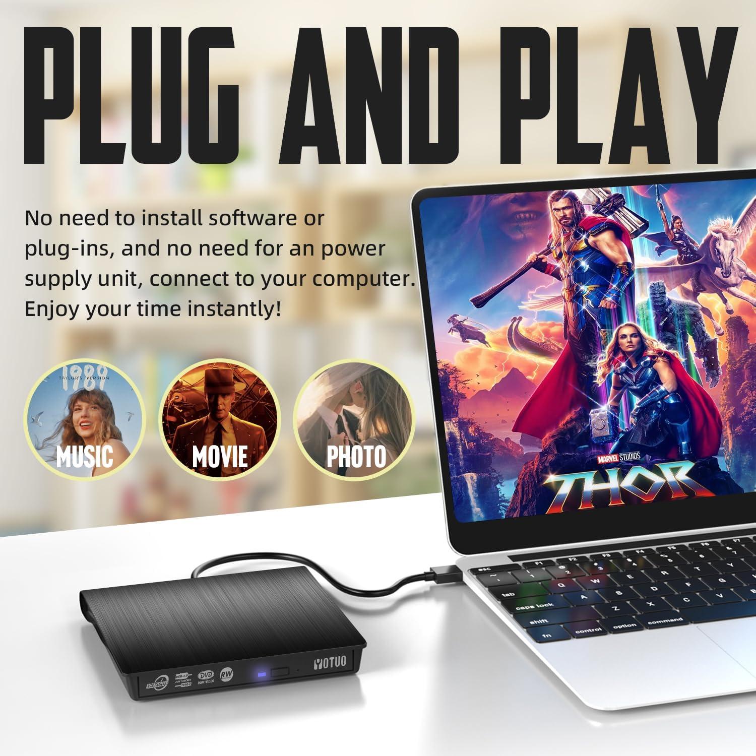 External DVD Drive, Portable USB 3.0 CD +/-RW Drive DVD Player for ROM Rewriter Burner for Laptop Desktop, Compatible with Windows 7/8/10/11 Mac MacBook Pro/Air… (DVD Burner)