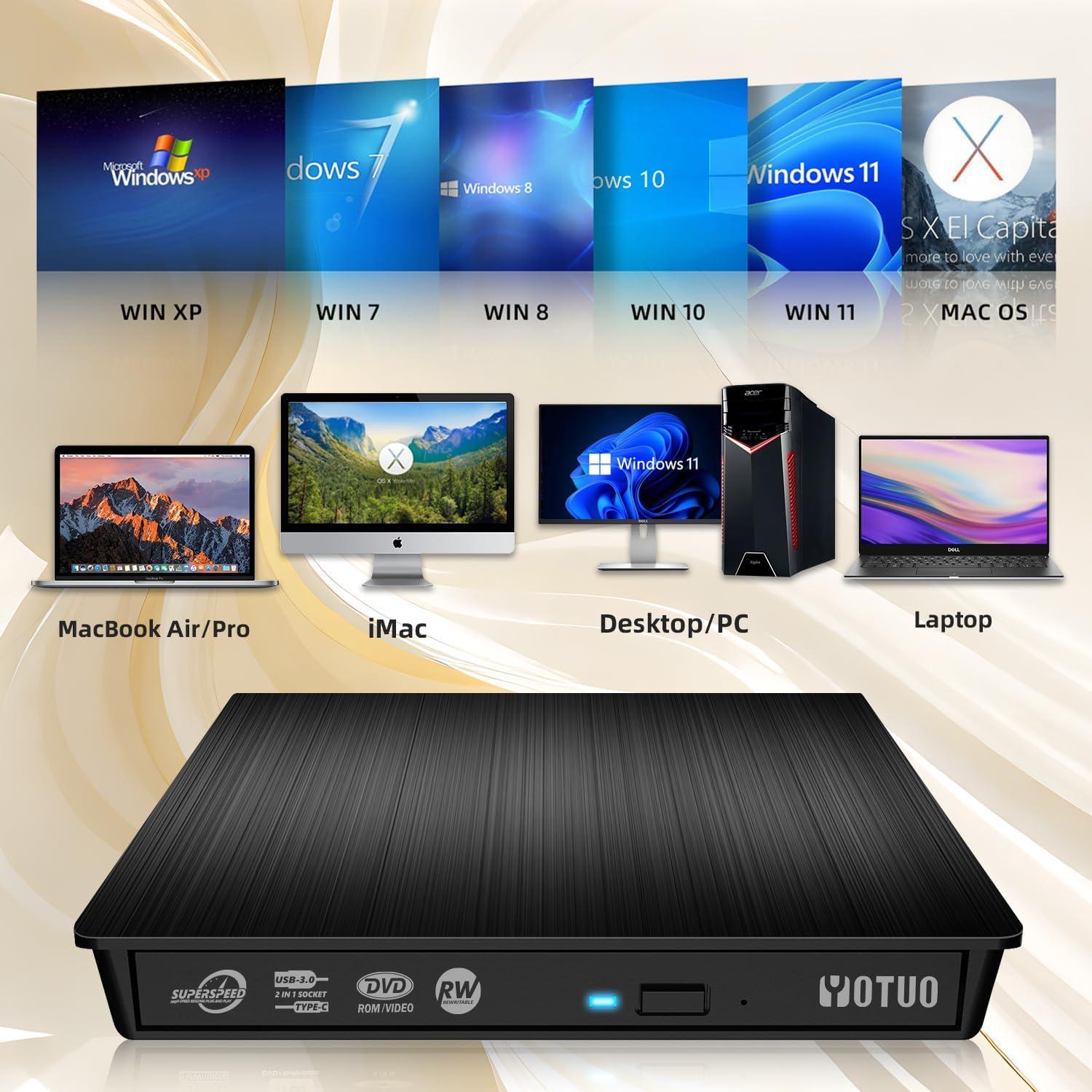 External DVD Drive, Portable USB 3.0 CD +/-RW Drive DVD Player for ROM Rewriter Burner for Laptop Desktop, Compatible with Windows 7/8/10/11 Mac MacBook Pro/Air… (DVD Burner)