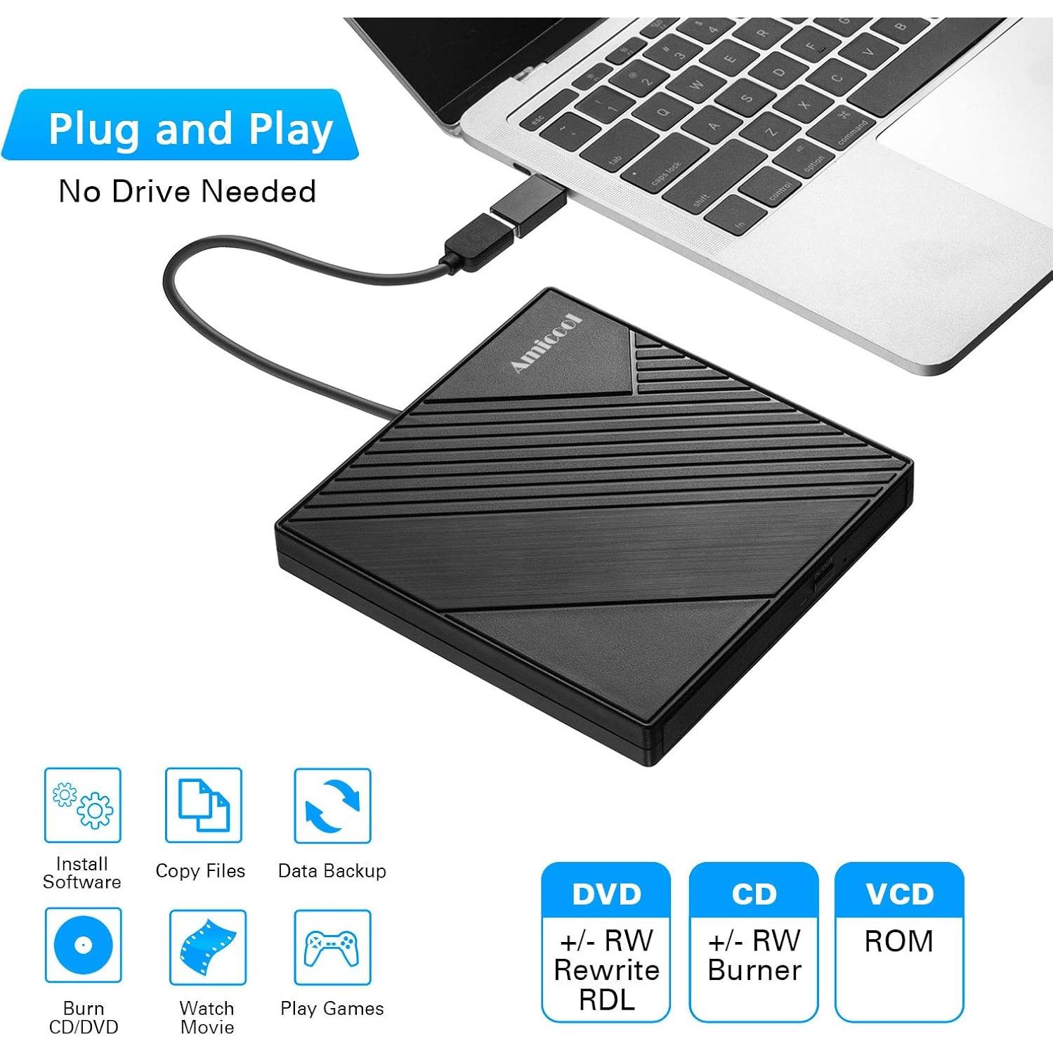 Unidad DVD Externa Amicool USB 3.0 Tipo C Grabadora CD/DVD