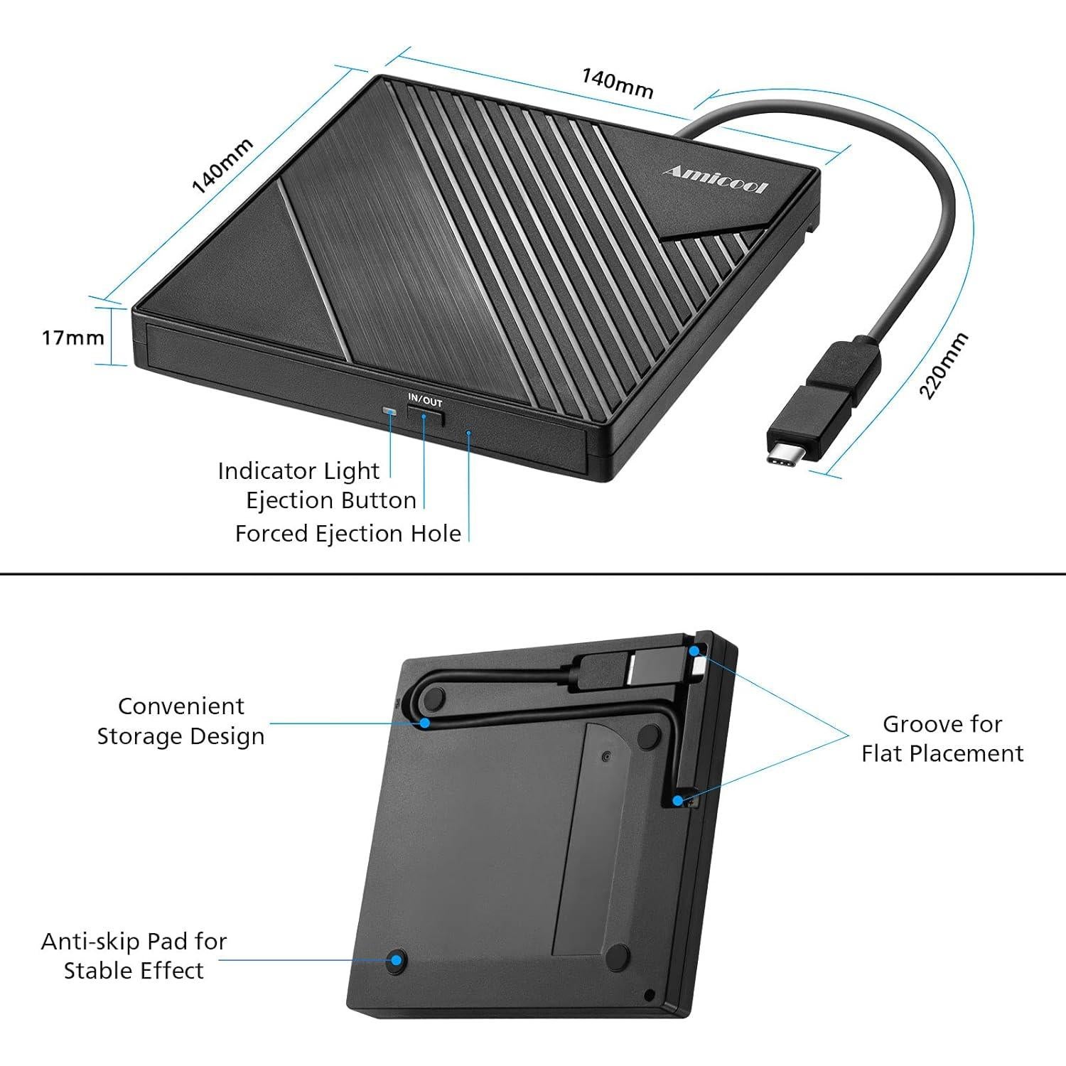 Unidad DVD Externa Amicool USB 3.0 Tipo C Grabadora CD/DVD