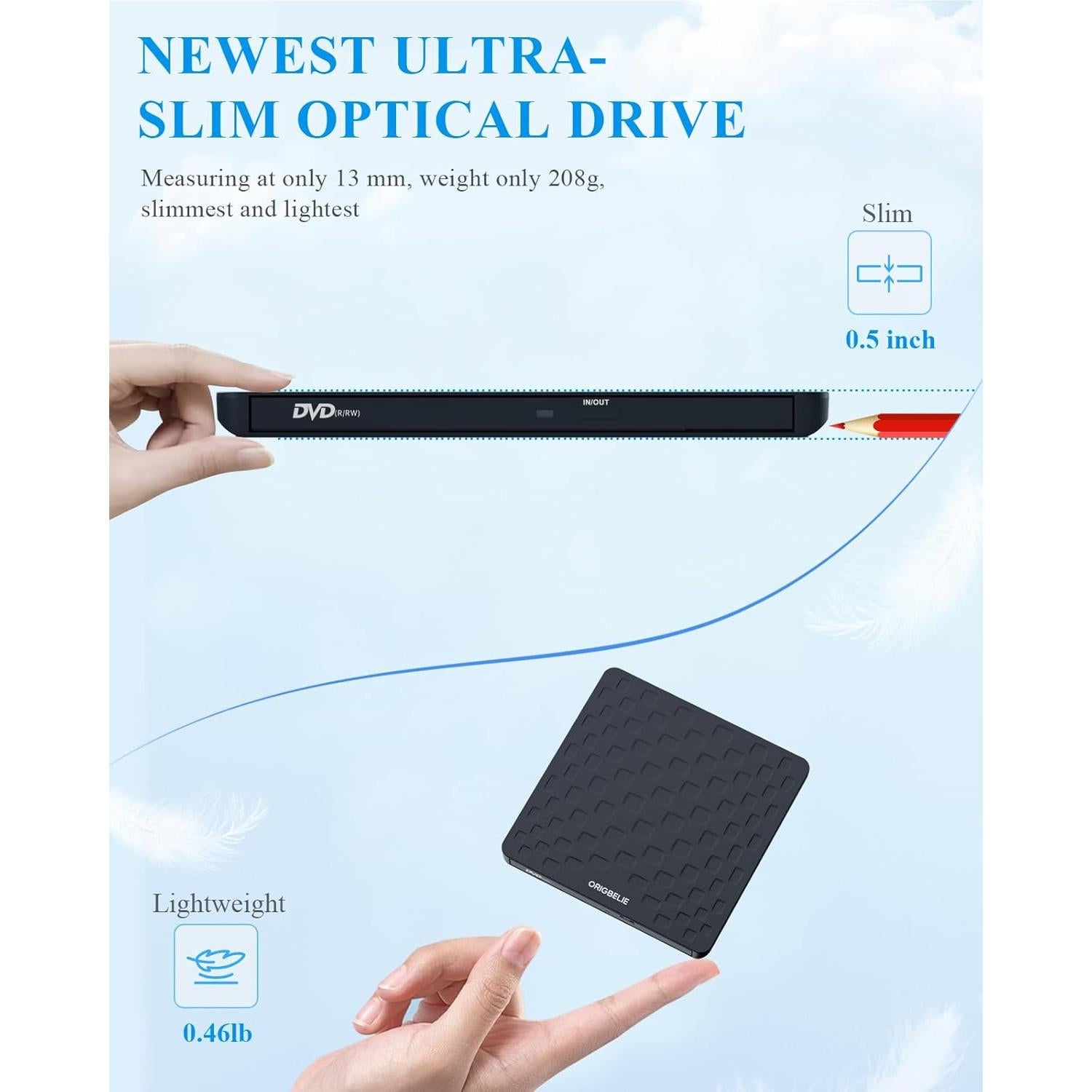 External CD DVD Drive for Laptop, USB 3.0 Type-C Ultra Slim 13mm DVD Player Portable CD DVD +/-RW Drive CD Burner Reader Writer Recorder for Desktop PC Windows 11/10/8/7 Linux Mac OS (Black)