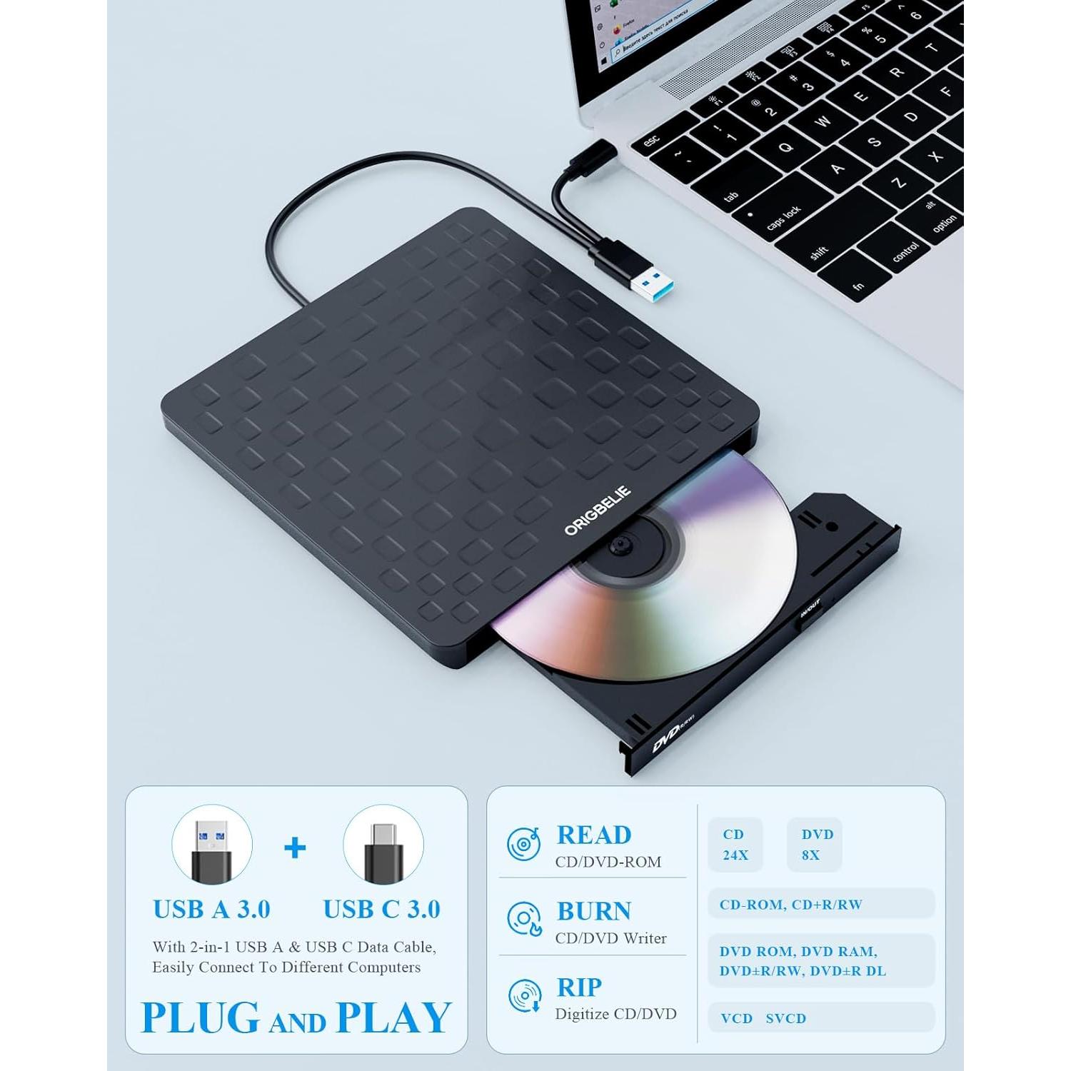 External CD DVD Drive for Laptop, USB 3.0 Type-C Ultra Slim 13mm DVD Player Portable CD DVD +/-RW Drive CD Burner Reader Writer Recorder for Desktop PC Windows 11/10/8/7 Linux Mac OS (Black)