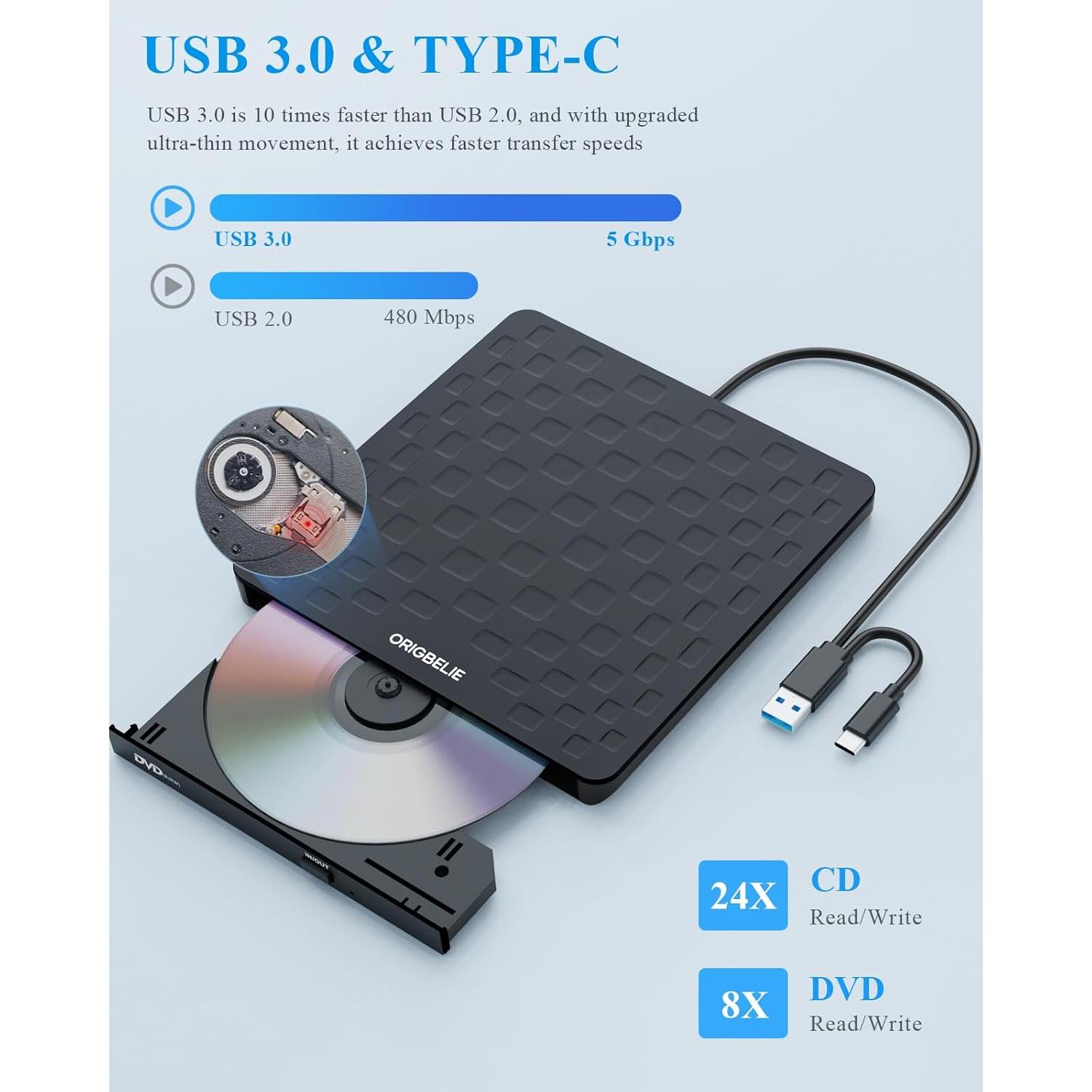 External CD DVD Drive for Laptop, USB 3.0 Type-C Ultra Slim 13mm DVD Player Portable CD DVD +/-RW Drive CD Burner Reader Writer Recorder for Desktop PC Windows 11/10/8/7 Linux Mac OS (Black)